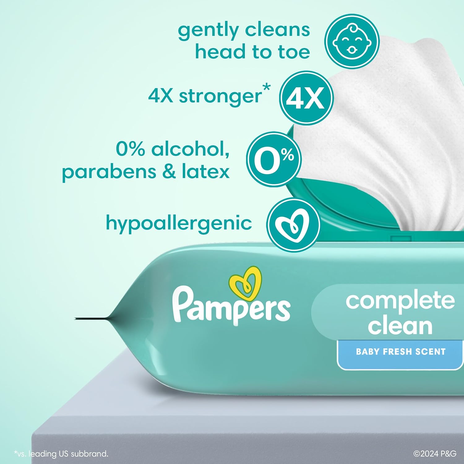 Highlights multiple key features of Pampers baby wipes to reassure parents about the product's effectiveness and safety for their baby's skin.
