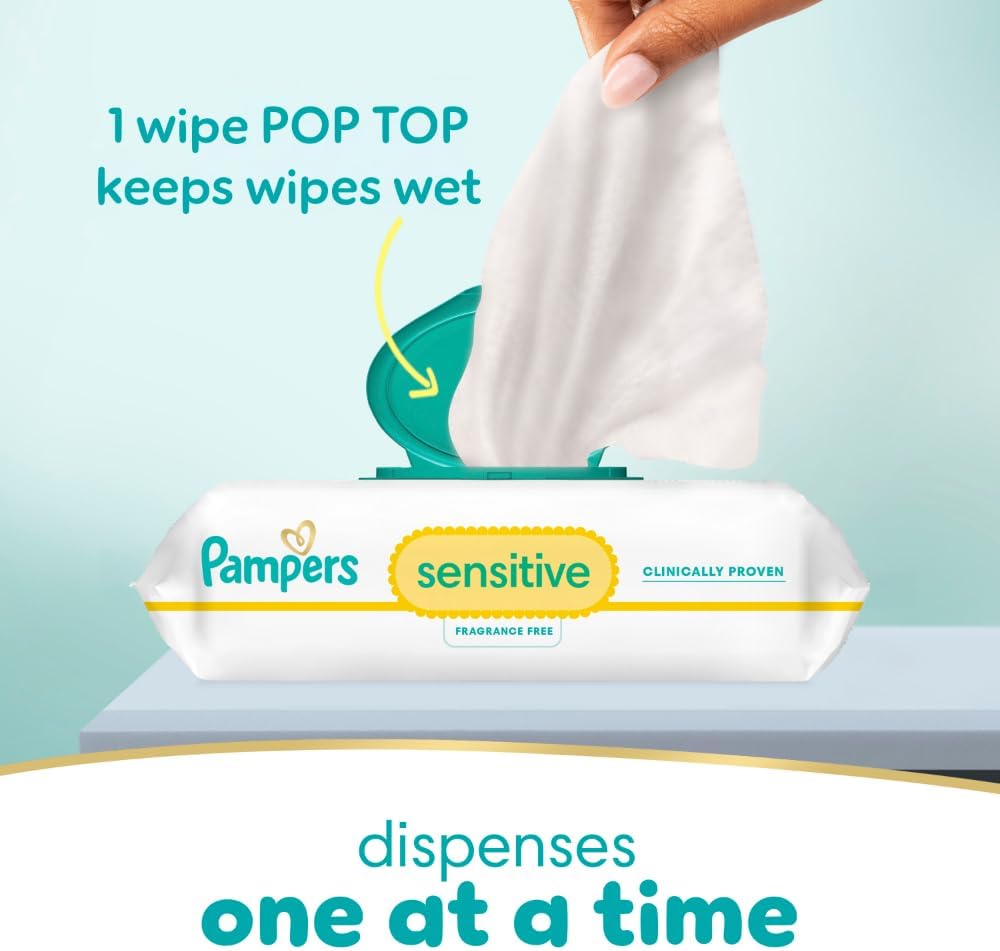 Highlights the product's pop-top dispenser feature that keeps wipes wet and dispenses one at a time, emphasizing convenience and freshness.