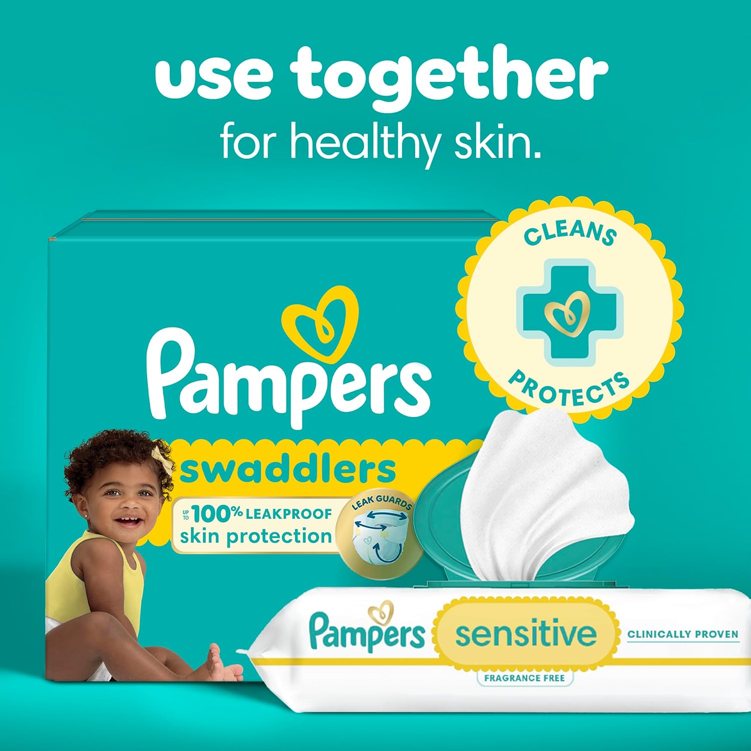 Highlights multiple benefits of using Pampers diapers and wipes together for healthy skin, including leak protection and sensitivity care.