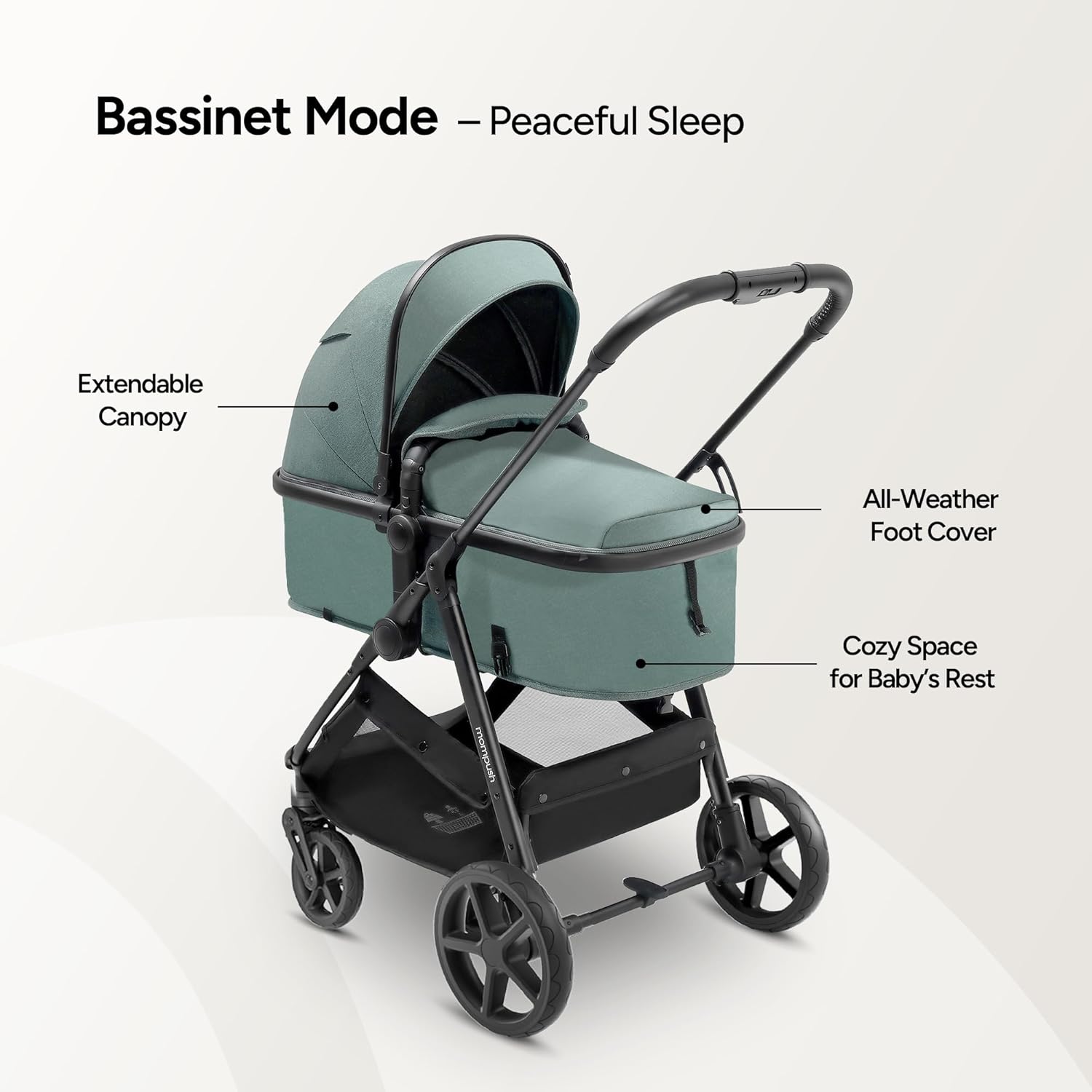 Highlights key features of the stroller's bassinet mode to show how it provides a comfortable and protected sleep environment for infants.