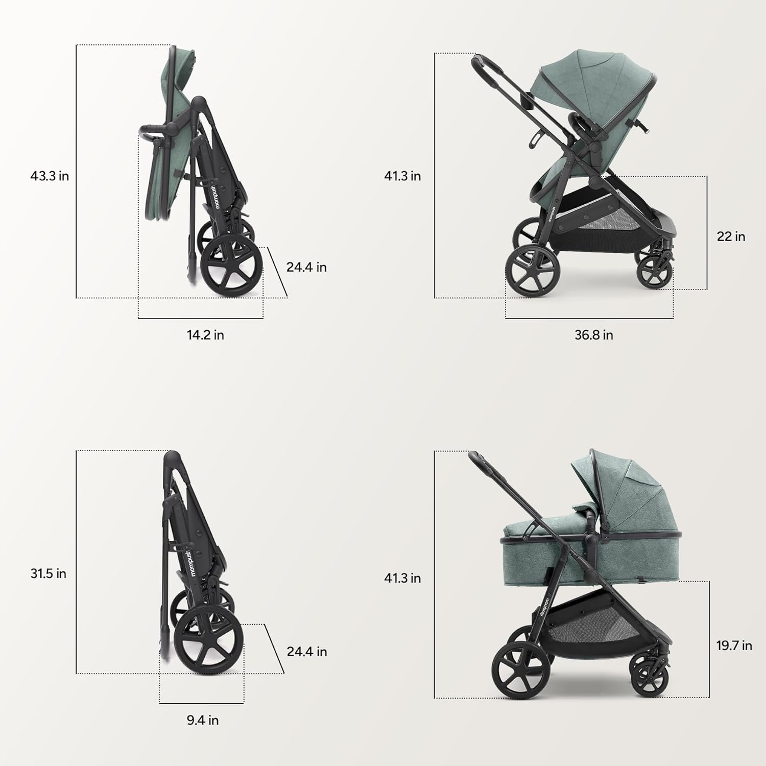 Provides exact measurements of the stroller in different configurations to help customers understand its size and fit. Shows different setups of the stroller to demonstrate its versatility and ease…