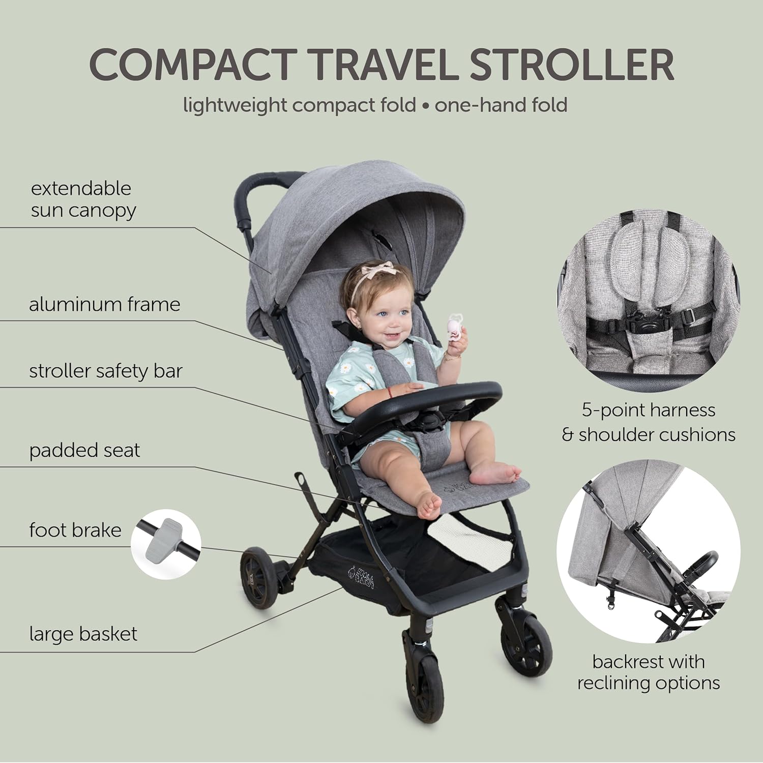 Highlights key features and components of the compact travel stroller to showcase its design and functionality. Demonstrates multiple benefits of the stroller including its compact size, safety…