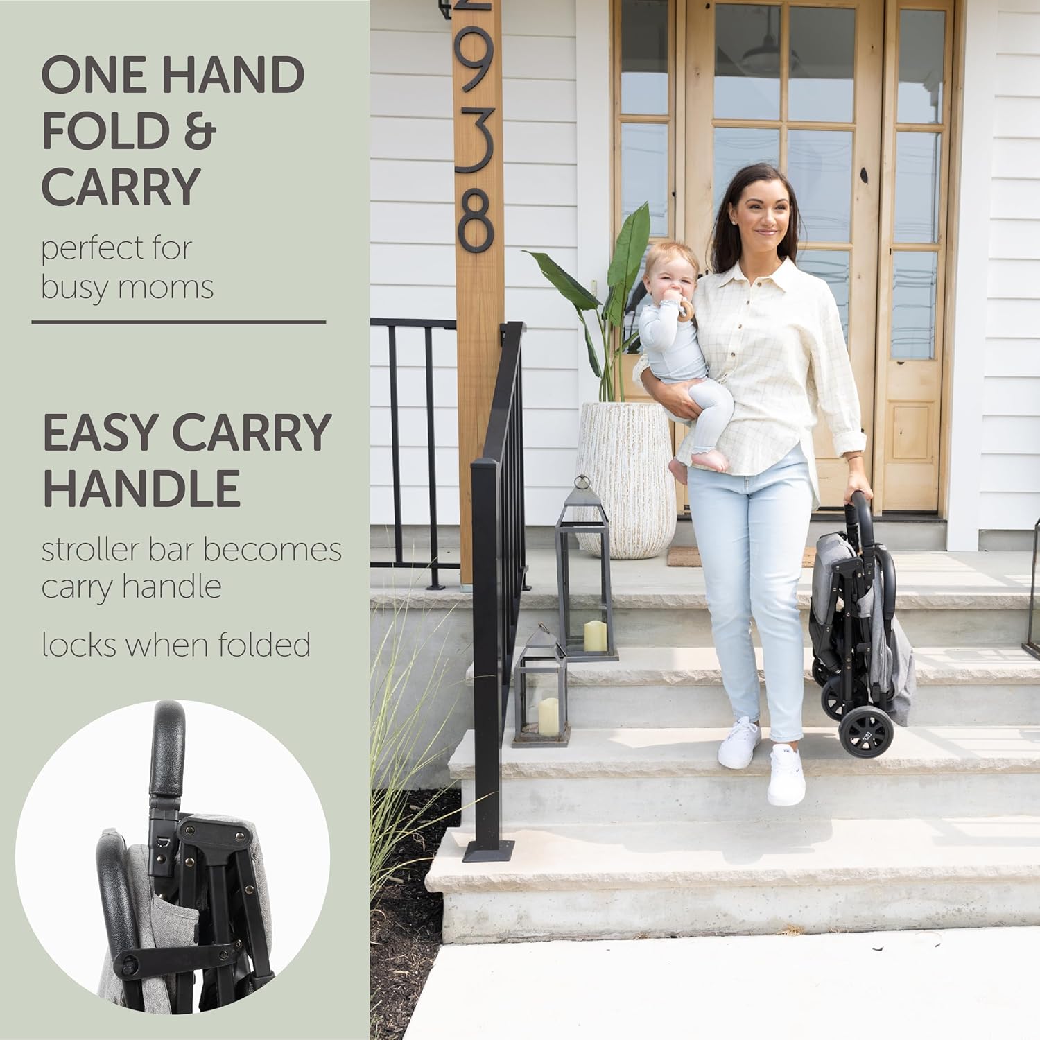 Highlights the stroller's convenient features for busy parents, emphasizing its easy folding mechanism and portability.