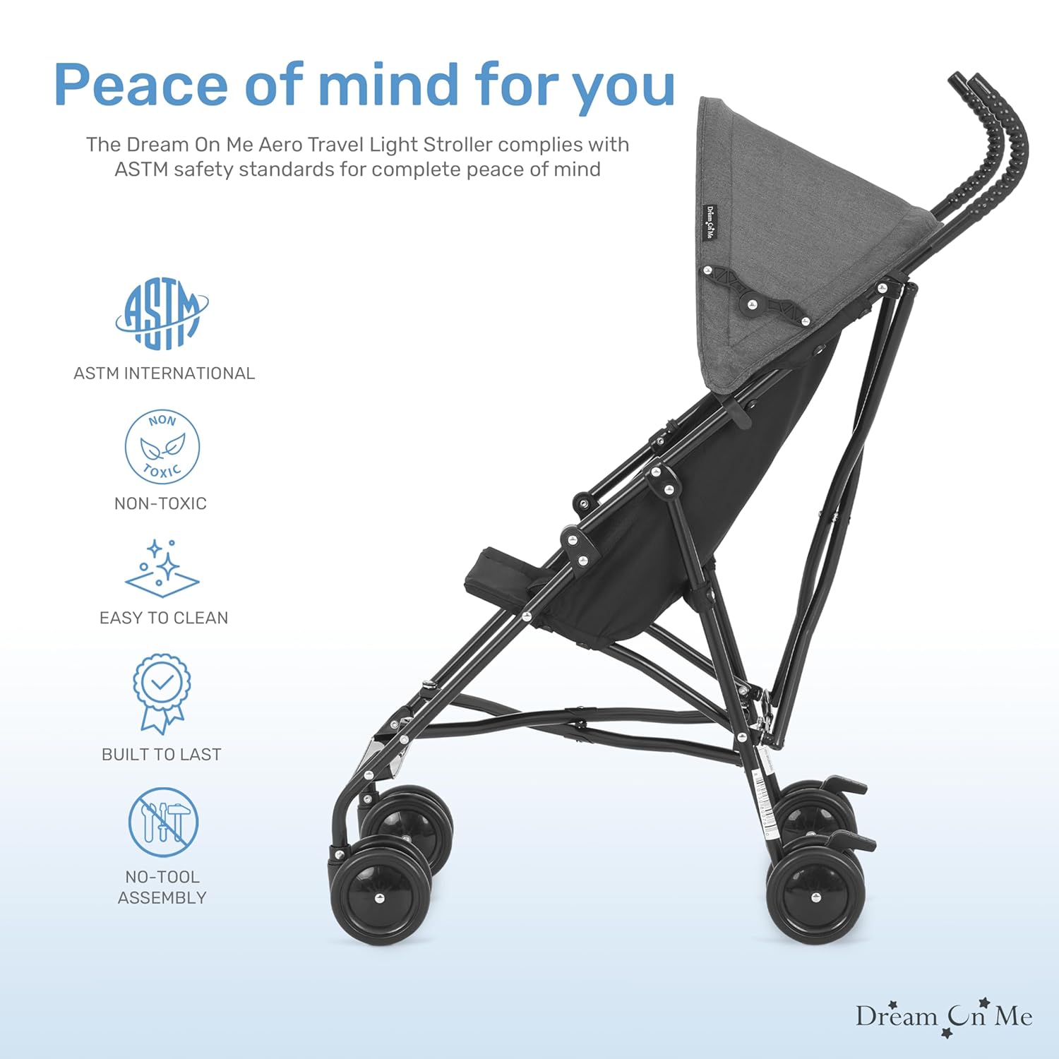 Reassures parents about the stroller's safety by highlighting its compliance with ASTM safety standards and non-toxic materials. Showcases multiple practical benefits of the stroller to appeal to…