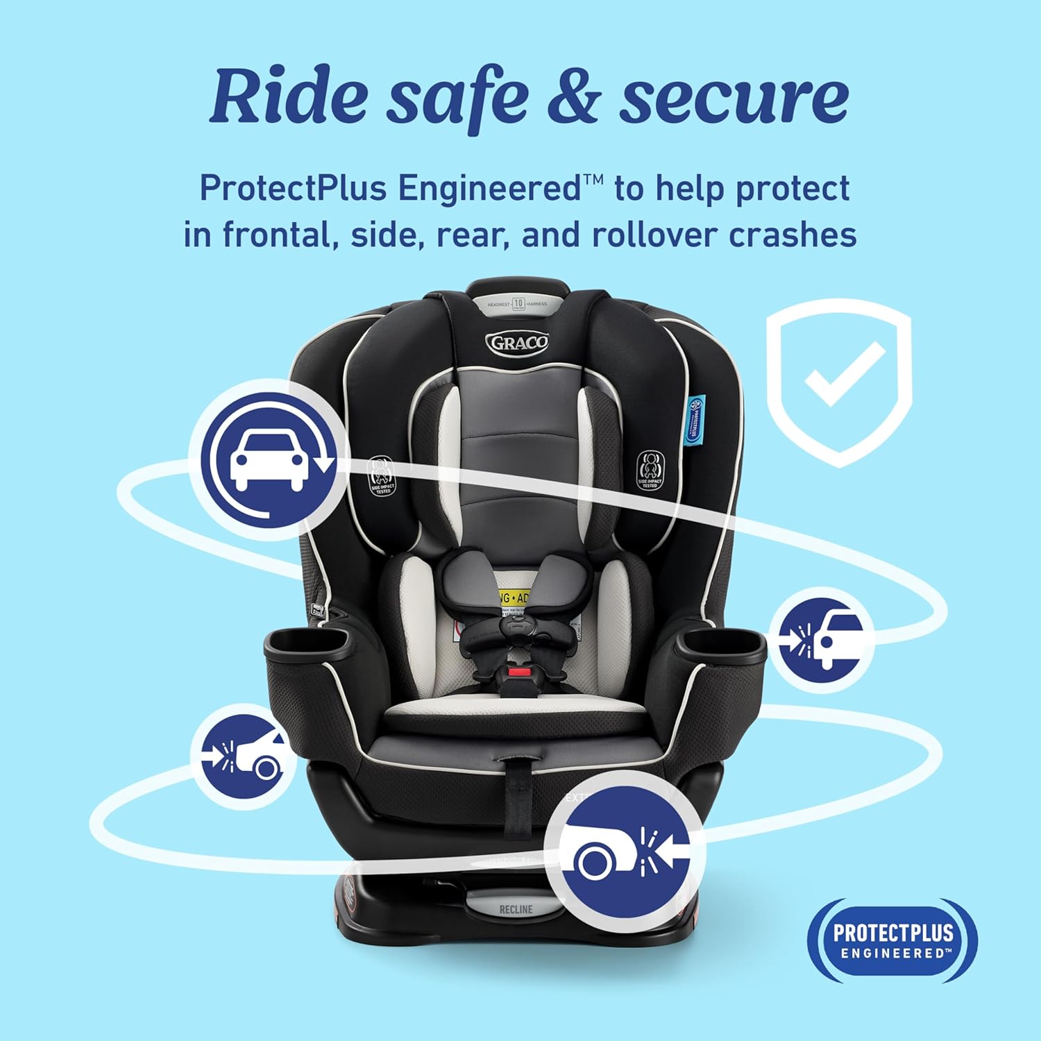 Highlights the car seat's ability to protect children in various types of crashes, reassuring parents about their child's safety during car rides.