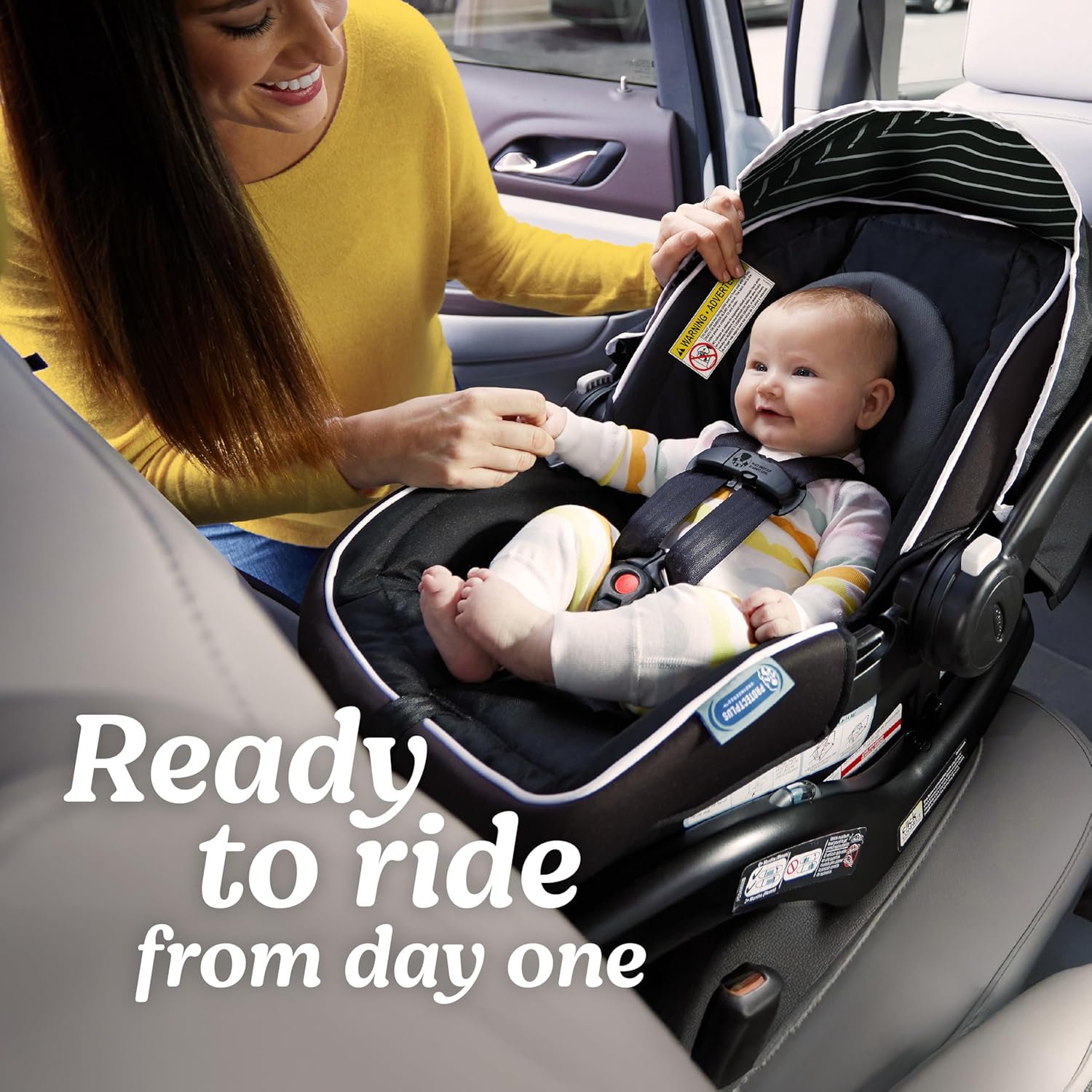 Demonstrates the product in use, showing how easily a baby can be secured in the car seat, emphasizing its suitability for newborns. Highlights that the car seat is suitable for use from day one,…