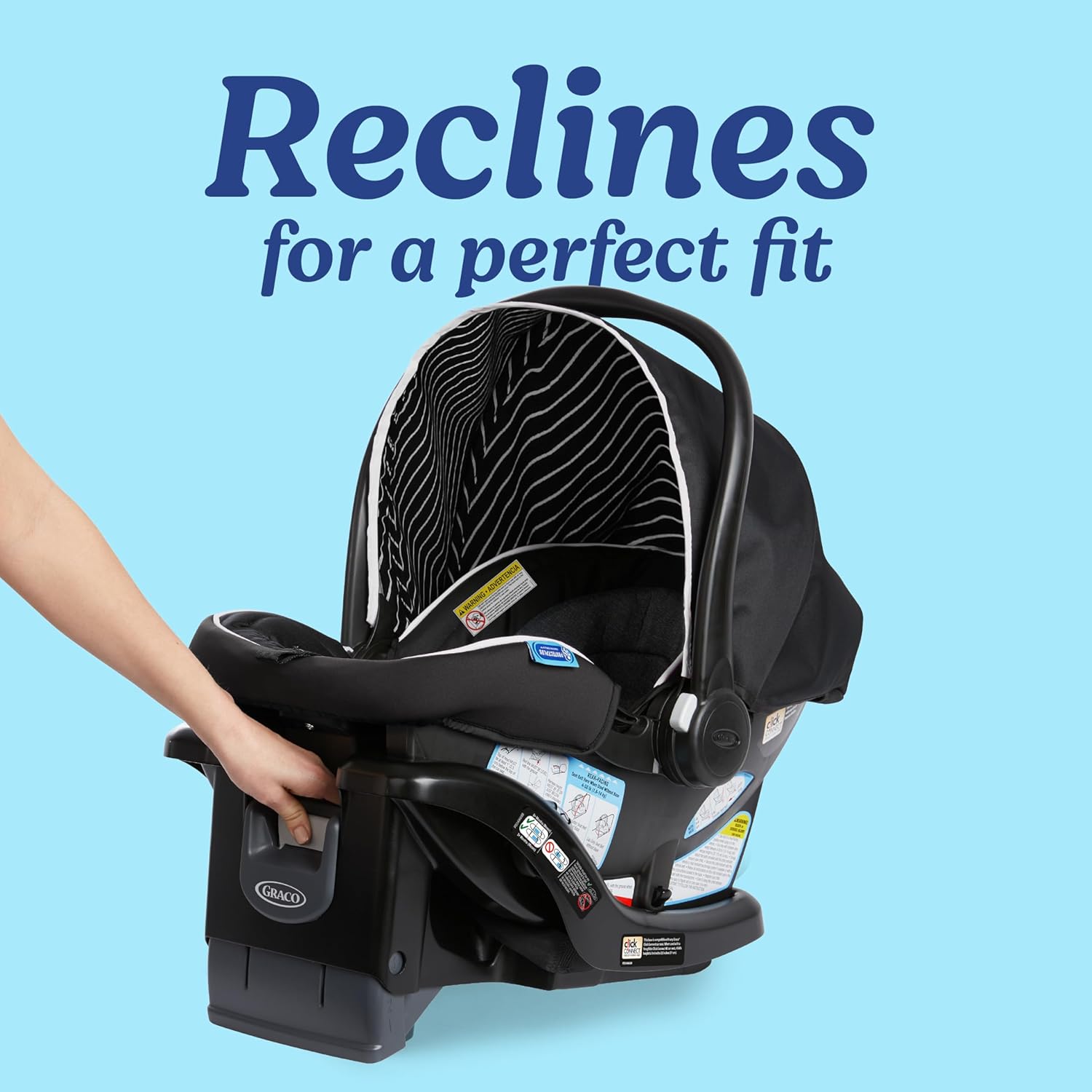 Highlights the car seat's ability to recline, emphasizing comfort and perfect fit for the baby.
