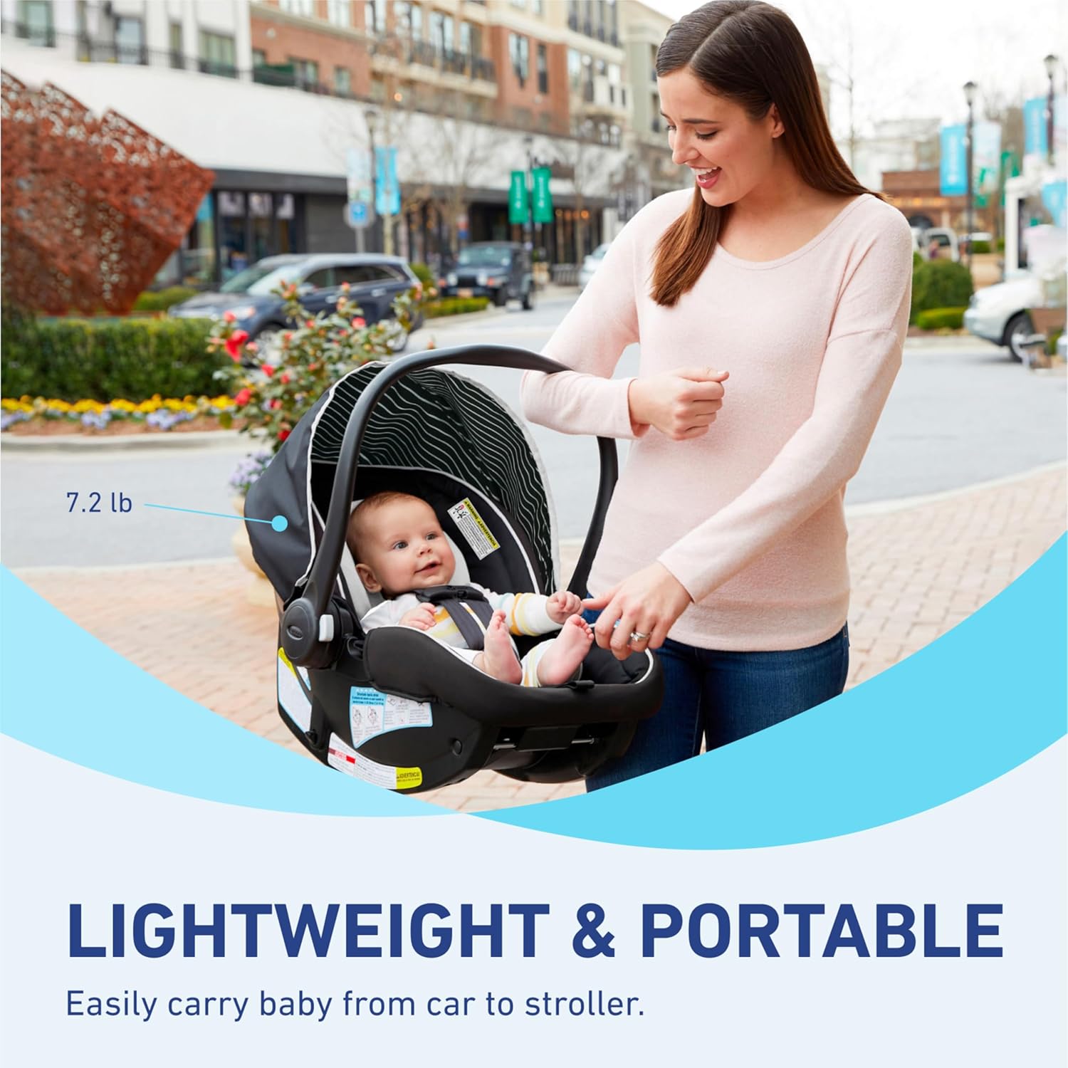 Highlights the car seat's light weight of 7.2 lb to emphasize its portability and ease of use for parents. Demonstrates the versatility of the car seat, showing how it can be easily carried from car…