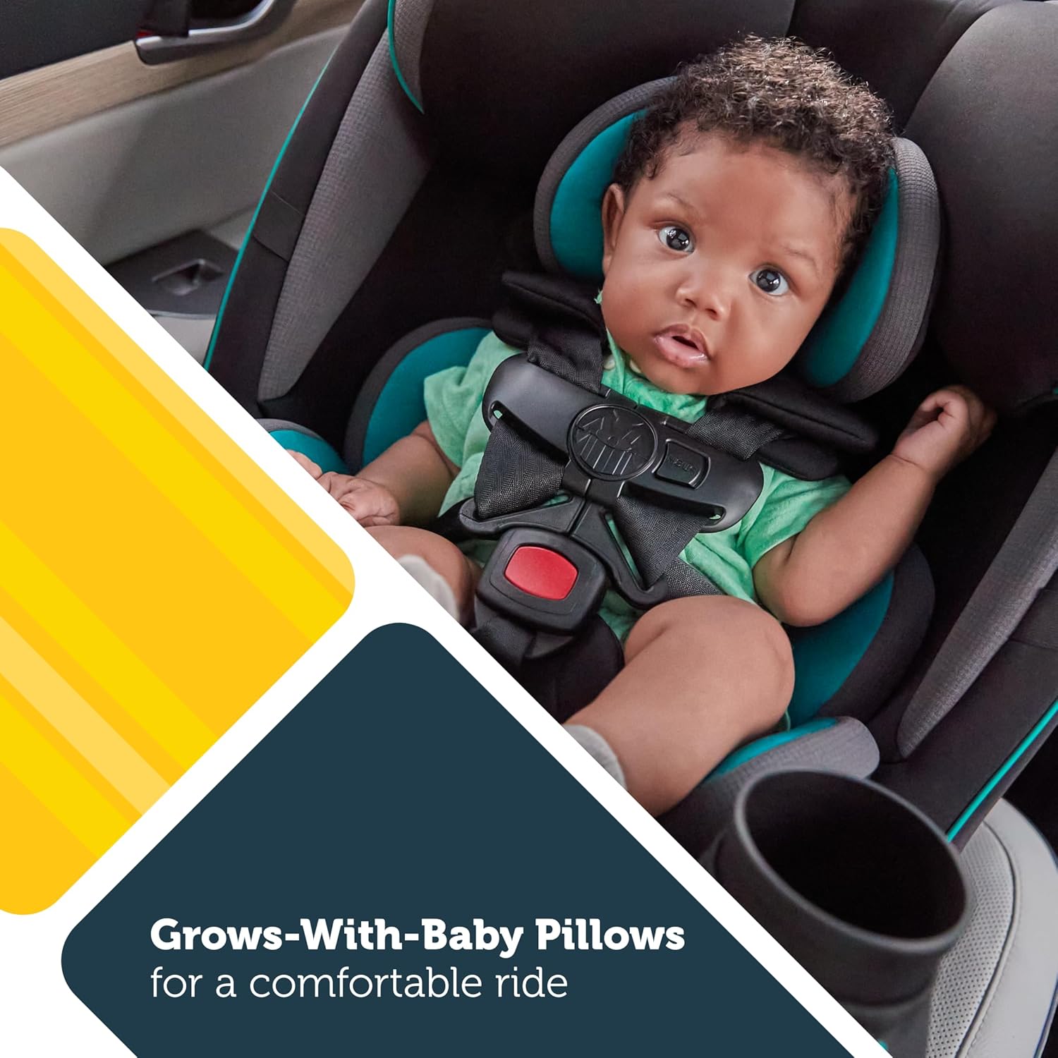 Highlights the car seat's adjustable pillows that provide comfort as the baby grows, reassuring parents of long-term value and comfort for their child.
