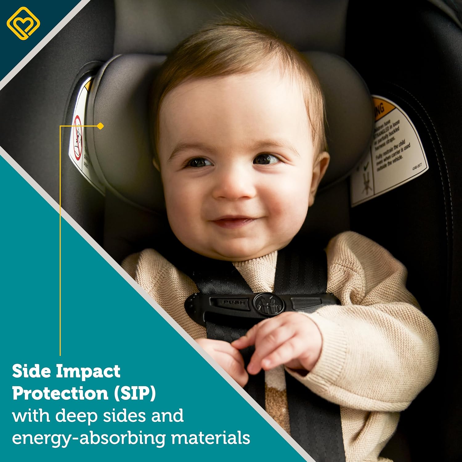 Highlights the car seat's side impact protection feature to reassure parents about their child's safety during travel. Demonstrates the product's safety features for infants, emphasizing protection…