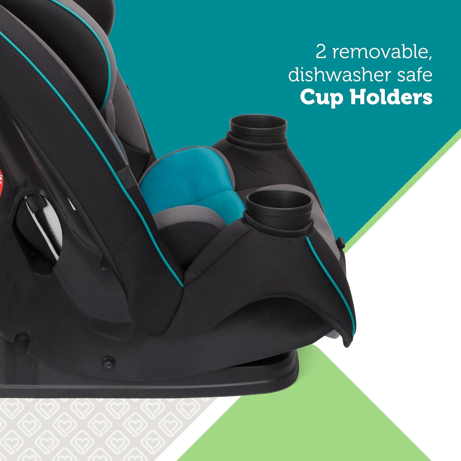 Highlights the convenience of two removable, dishwasher-safe cup holders as a key feature of the car seat.