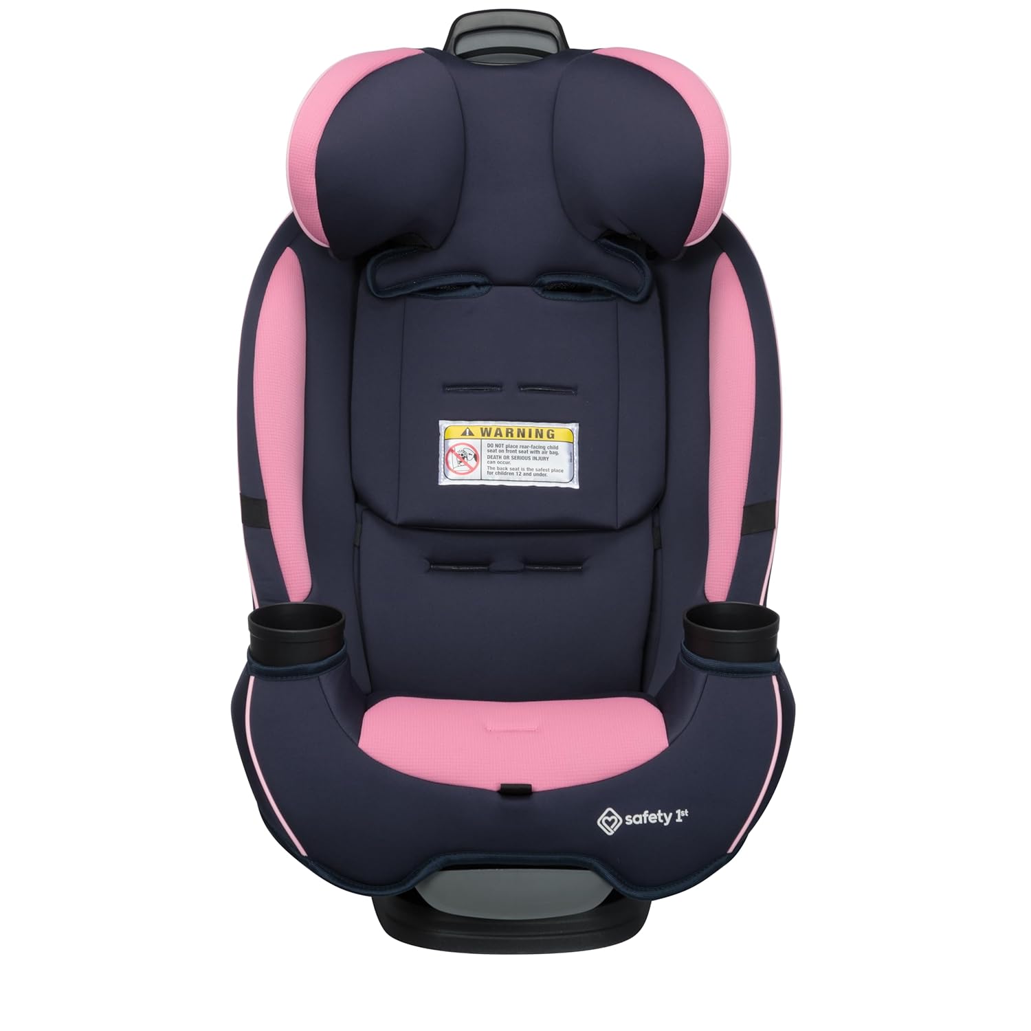 Highlights the safety warning label on the car seat to reassure parents about proper usage and compliance with safety standards. Showcases the convenient dual cup holders integrated into the car…