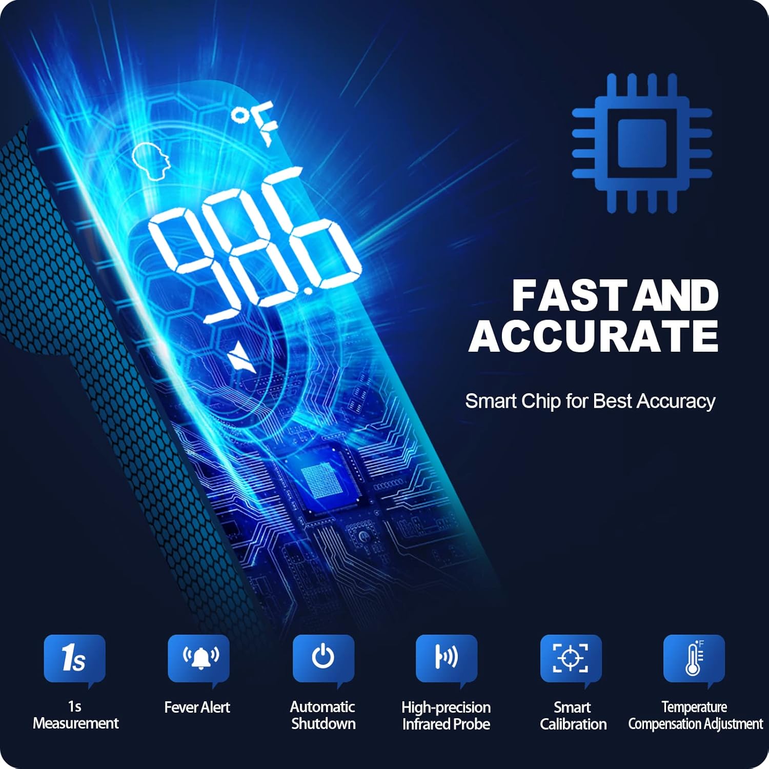 Highlights the product's fast and accurate temperature measurement capabilities, emphasizing its smart chip technology for best accuracy. Showcases the product's internal smart chip and lists…