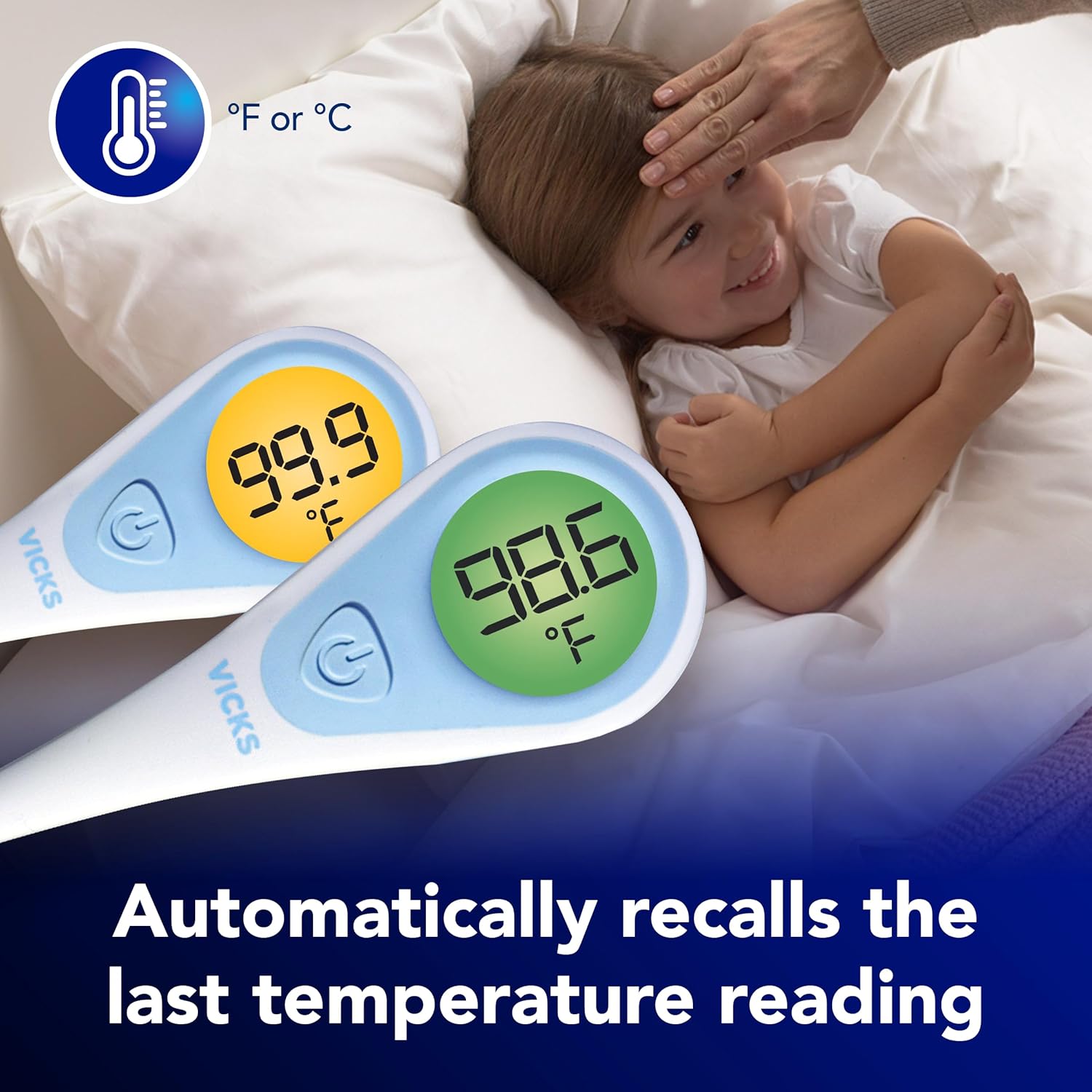 Highlights the thermometer's ability to automatically recall the last temperature reading, making it easier for parents to track their child's fever.