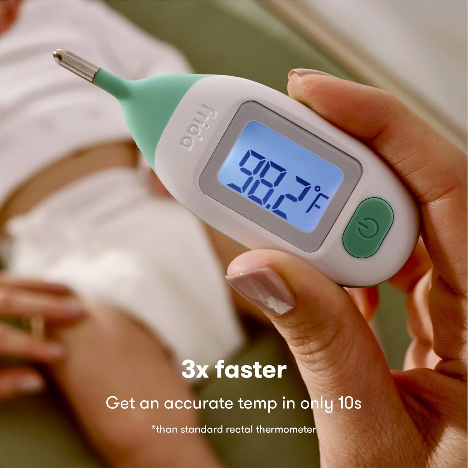 Highlights the thermometer's ability to provide an accurate temperature reading 3 times faster than standard rectal thermometers, emphasizing its speed and…