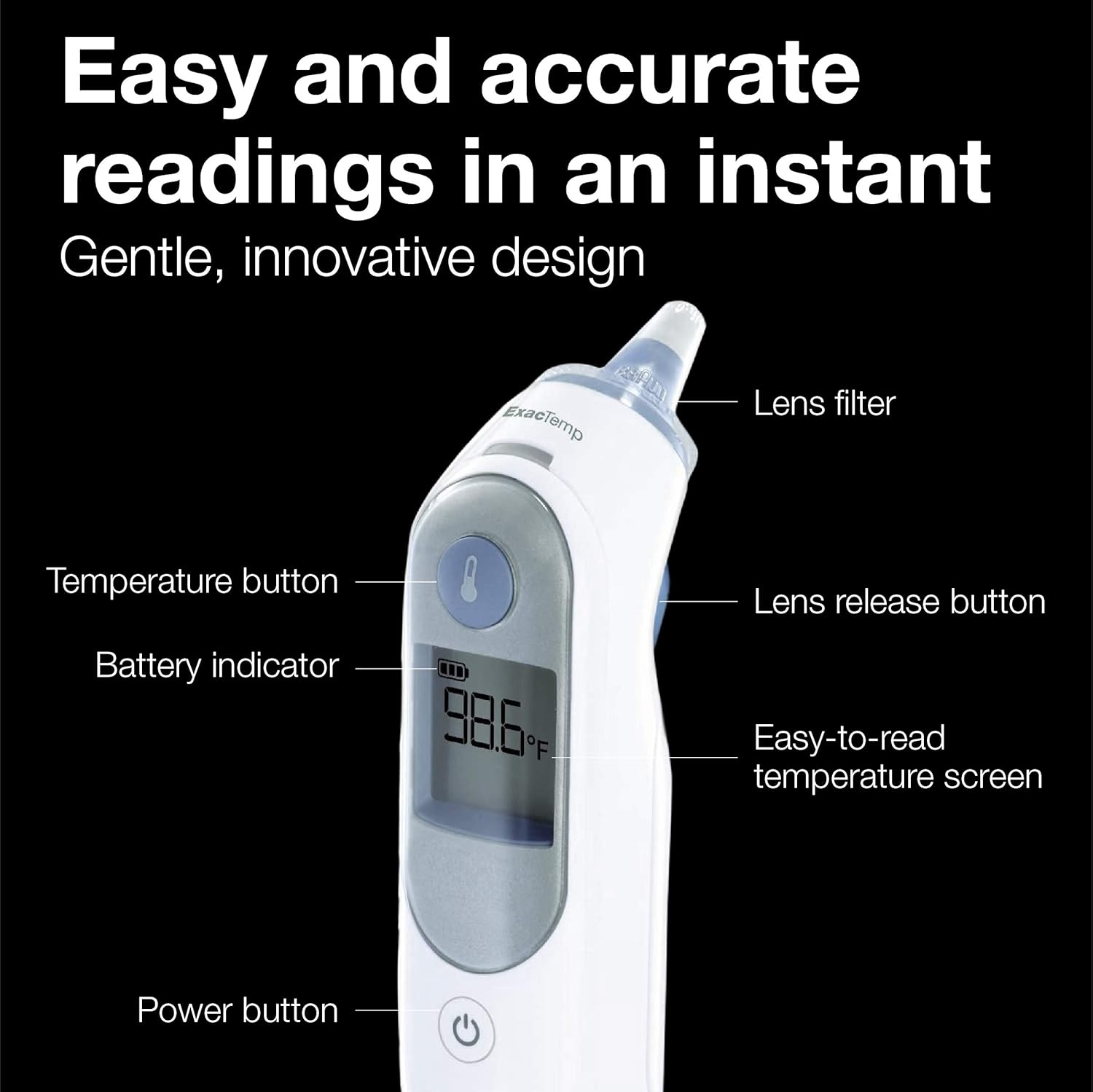 Highlights the key features and components of the temperature measurement device, showing how easy and accurate it is to use.