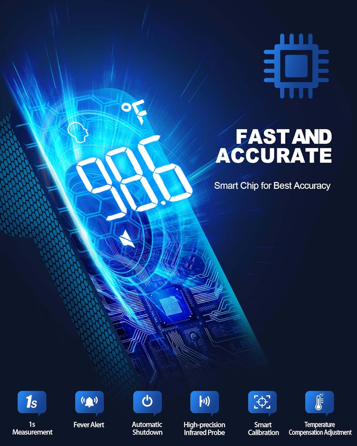 Highlights the product's ability to provide quick and precise temperature readings, emphasizing its smart chip technology for best accuracy.