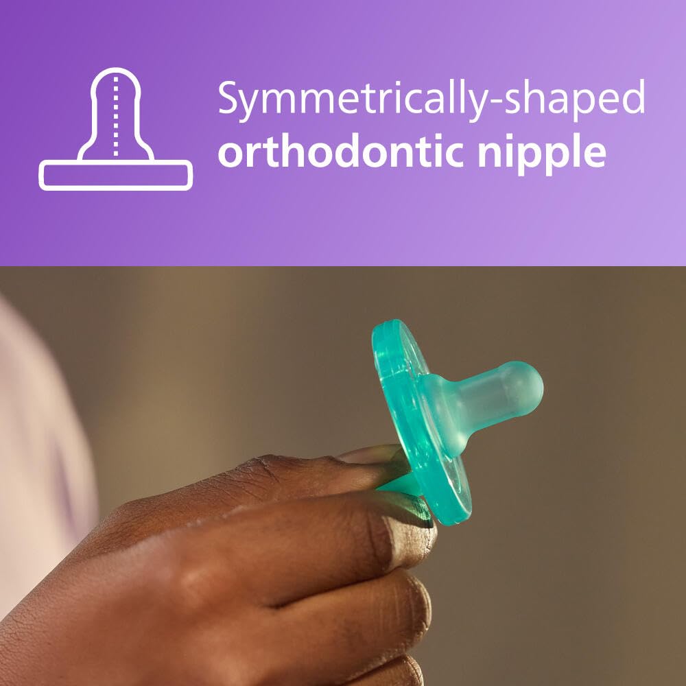 Highlights the specific design feature of the pacifier nipple to reassure parents about its orthodontic benefits for the baby's oral development.