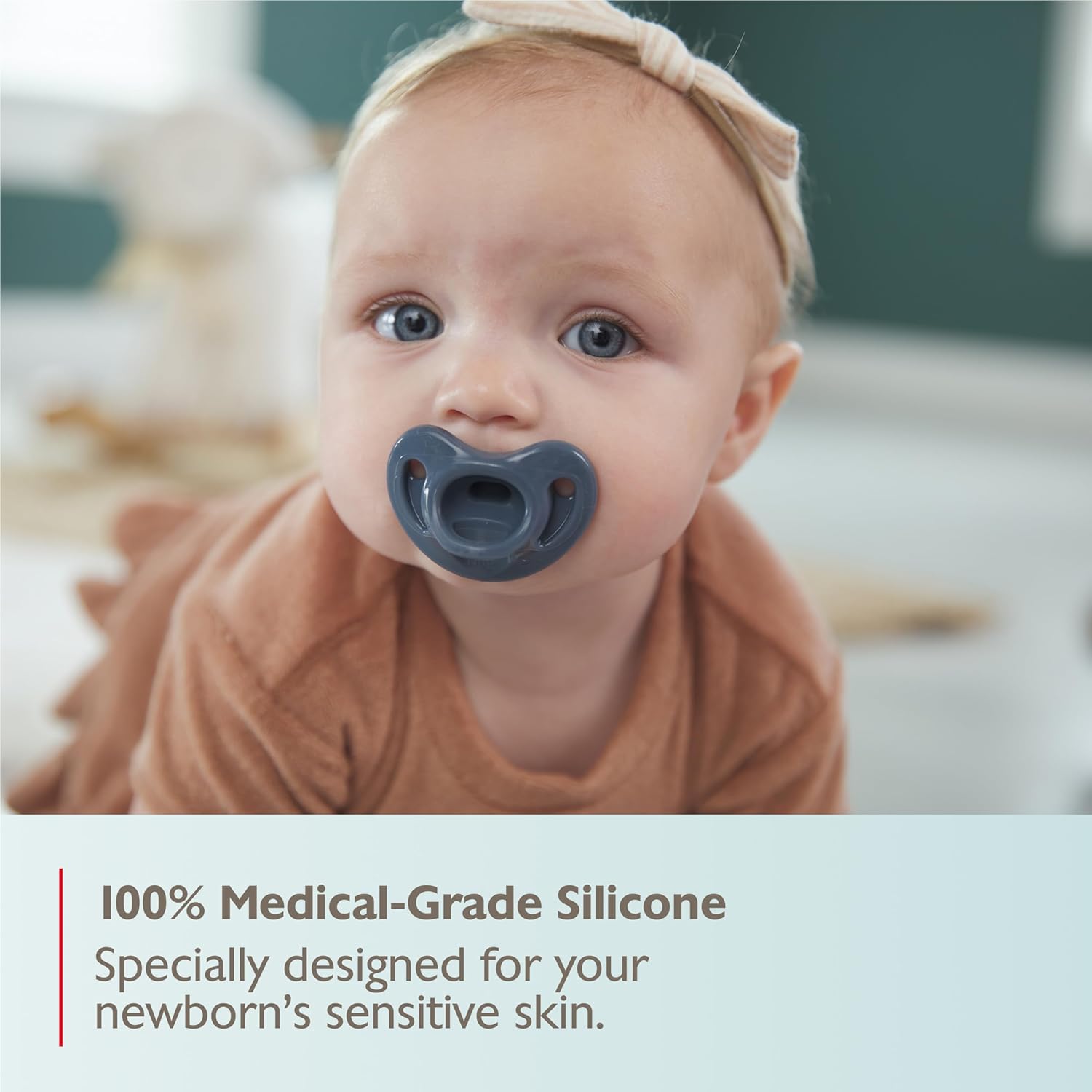 Highlights the pacifier's safe and gentle material, reassuring parents about its suitability for newborns' sensitive skin.
