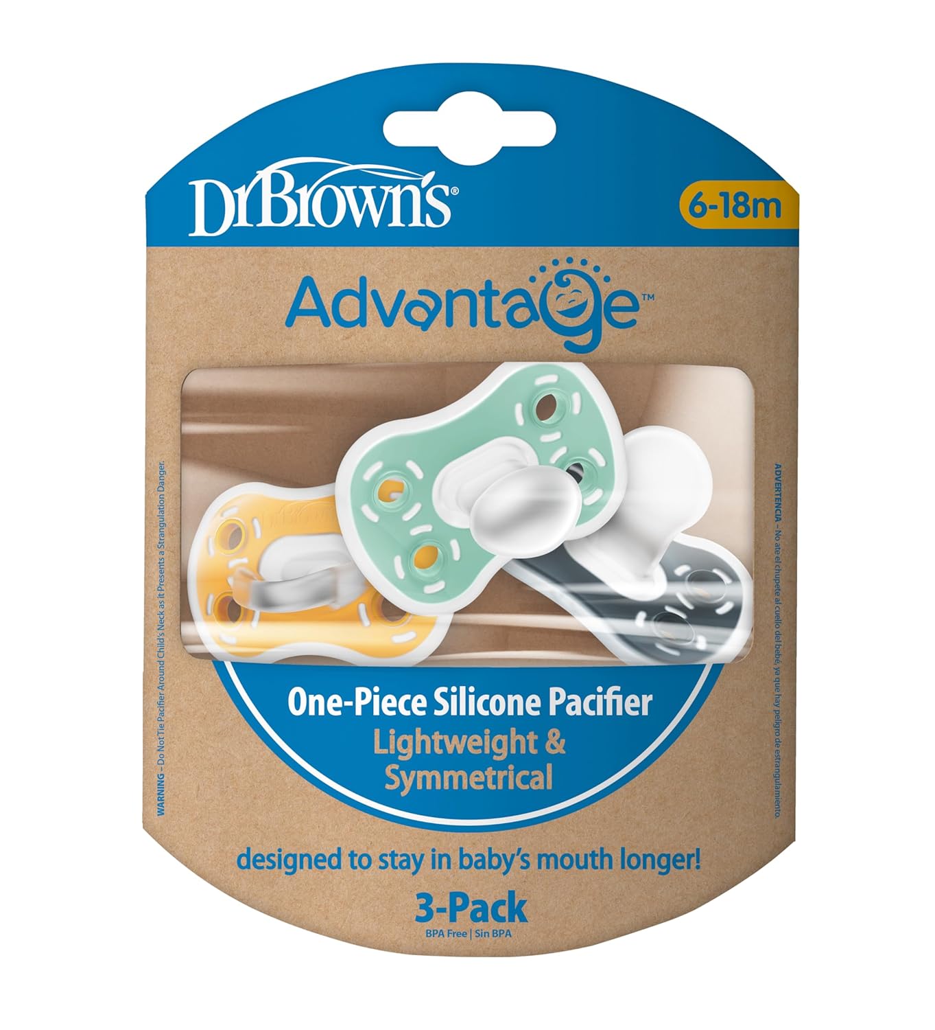 Shows the complete set of pacifiers included in the package, highlighting the variety of colors available. Emphasizes the unique one-piece silicone construction, which is designed to stay in the…