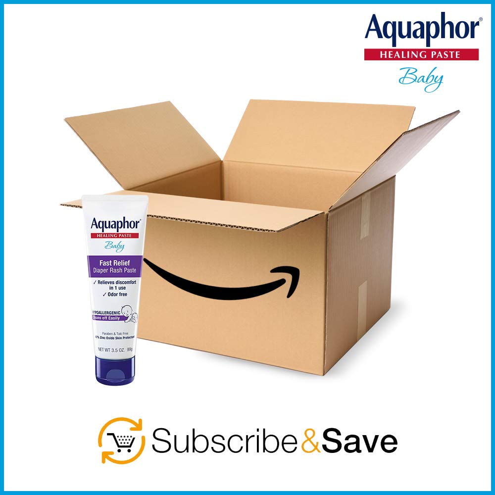 Highlights the Subscribe & Save option and bulk packaging available for the Aquaphor Baby Healing Paste product. Emphasizes the product's specific benefit of providing fast relief for diaper rash.