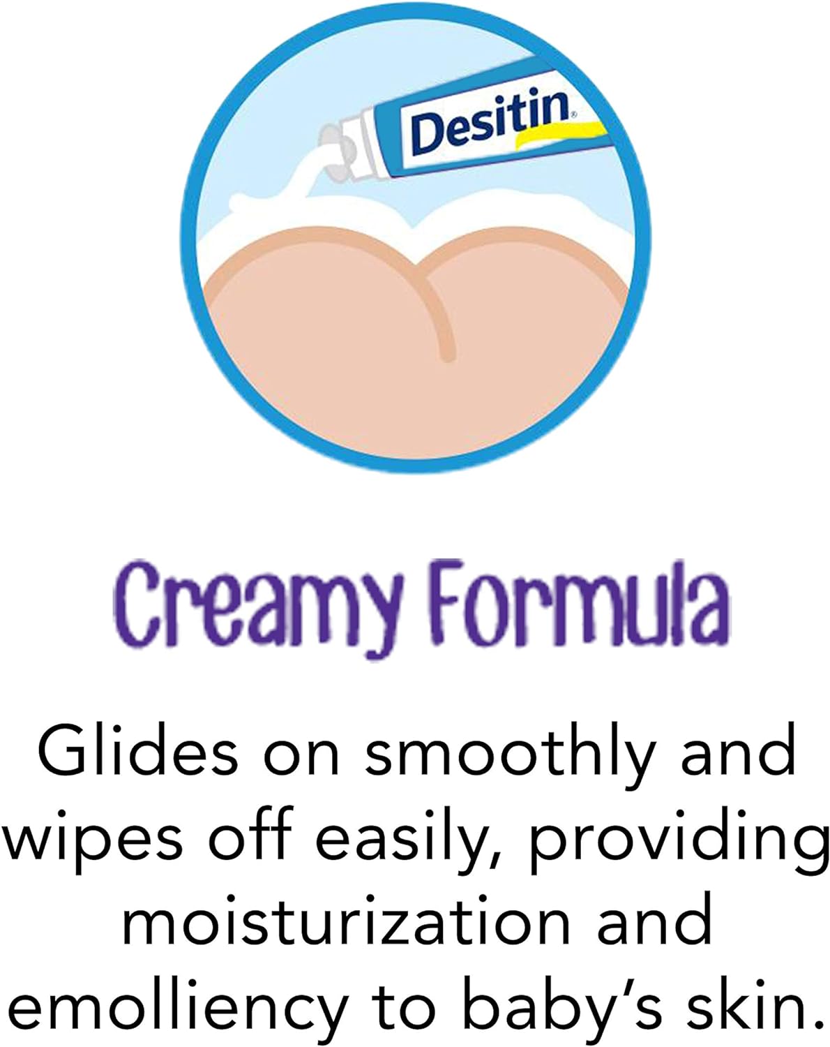 Highlights the product's creamy texture and easy application, emphasizing its moisturizing properties for baby's skin.