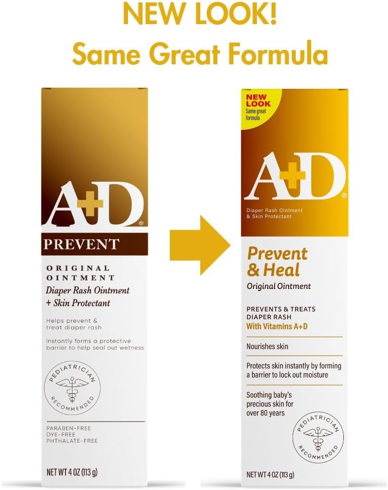 Shows the transition from old to new packaging design while emphasizing that the formula remains unchanged.