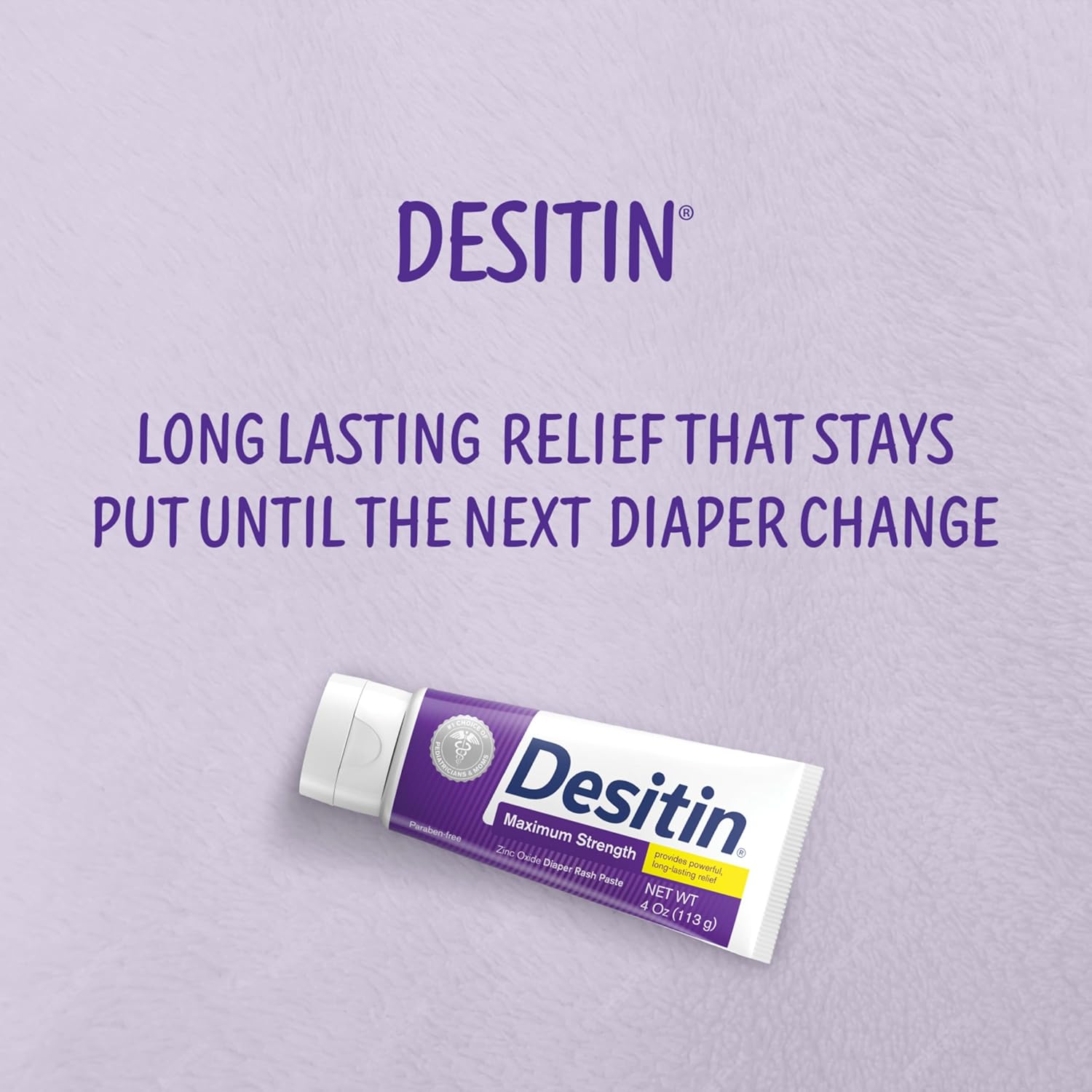 Emphasizes the product's key benefit of providing long-lasting diaper rash relief that remains effective until the next diaper change.