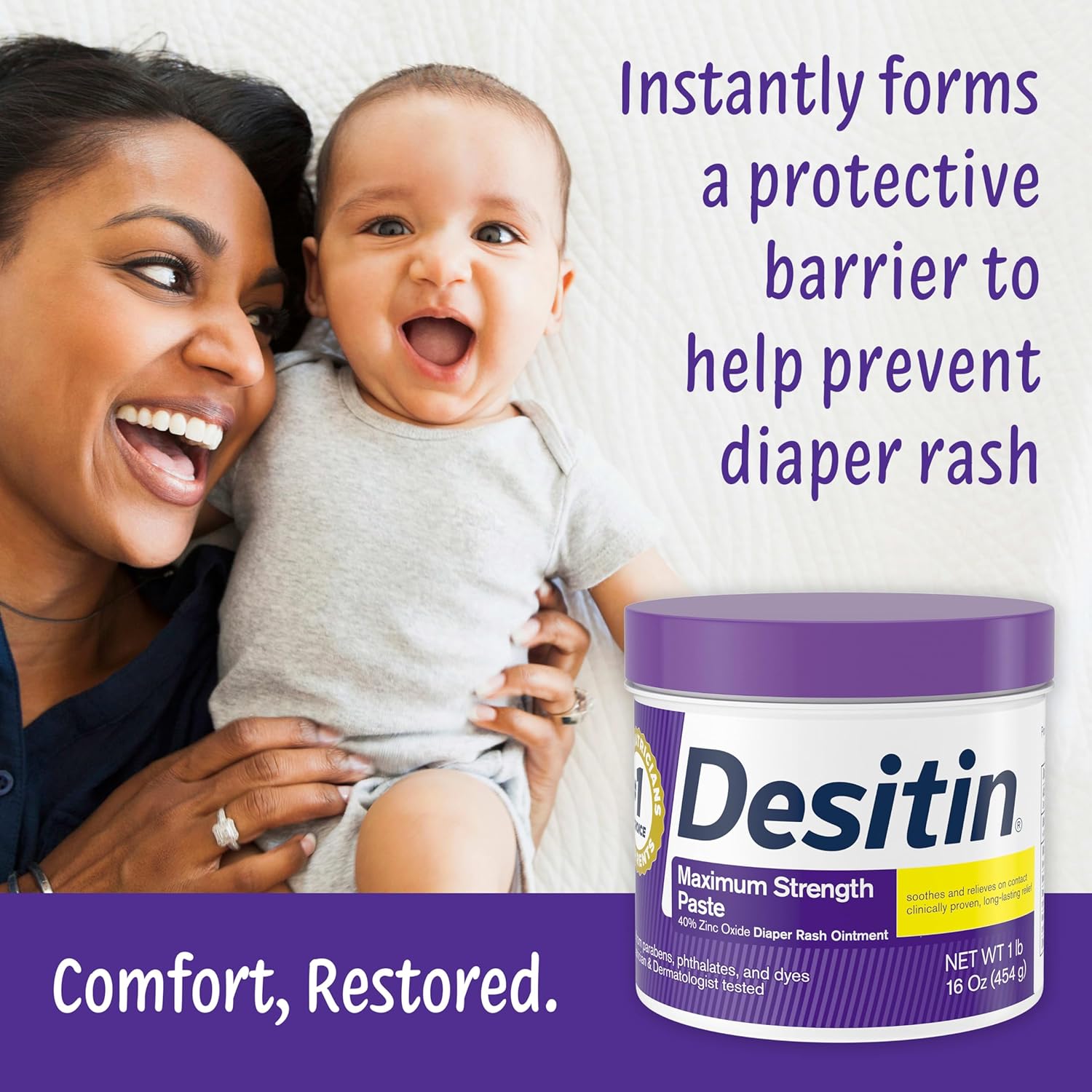 Highlights the product's ability to form a protective barrier against diaper rash, emphasizing comfort and protection for babies.