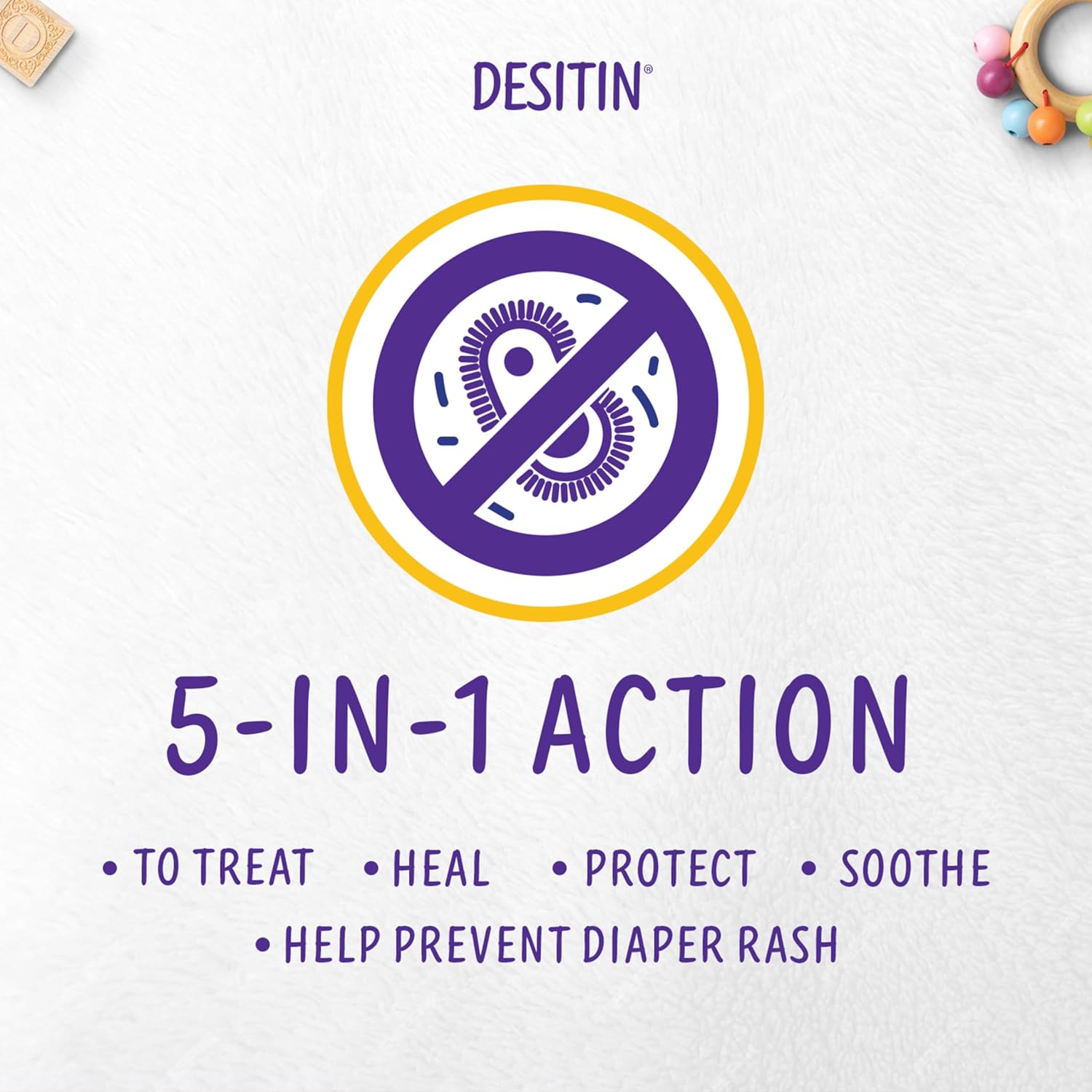 Highlights the product's multiple benefits for treating and preventing diaper rash, emphasizing its versatility and effectiveness.