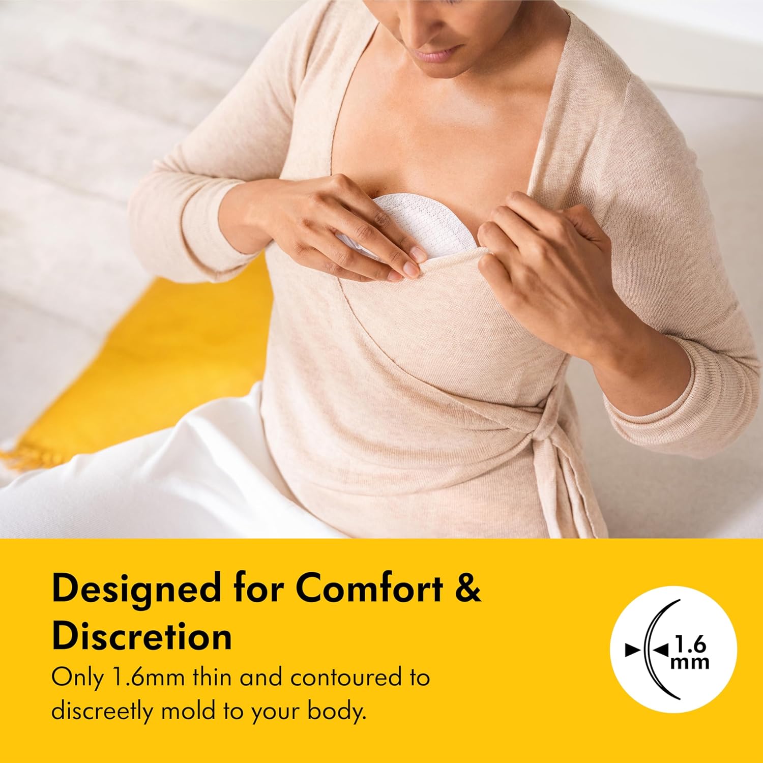 Highlights the product's slim 1.6mm thickness and contoured shape for comfortable, discreet wear.