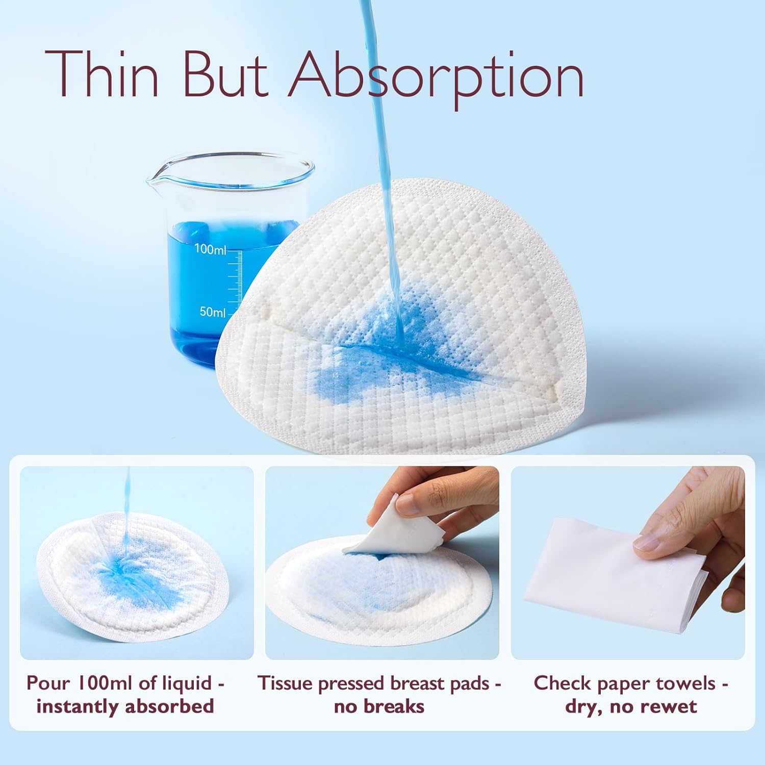 Demonstrates the product's ability to absorb large amounts of liquid while remaining thin and preventing leaks, highlighting its effectiveness and comfort.