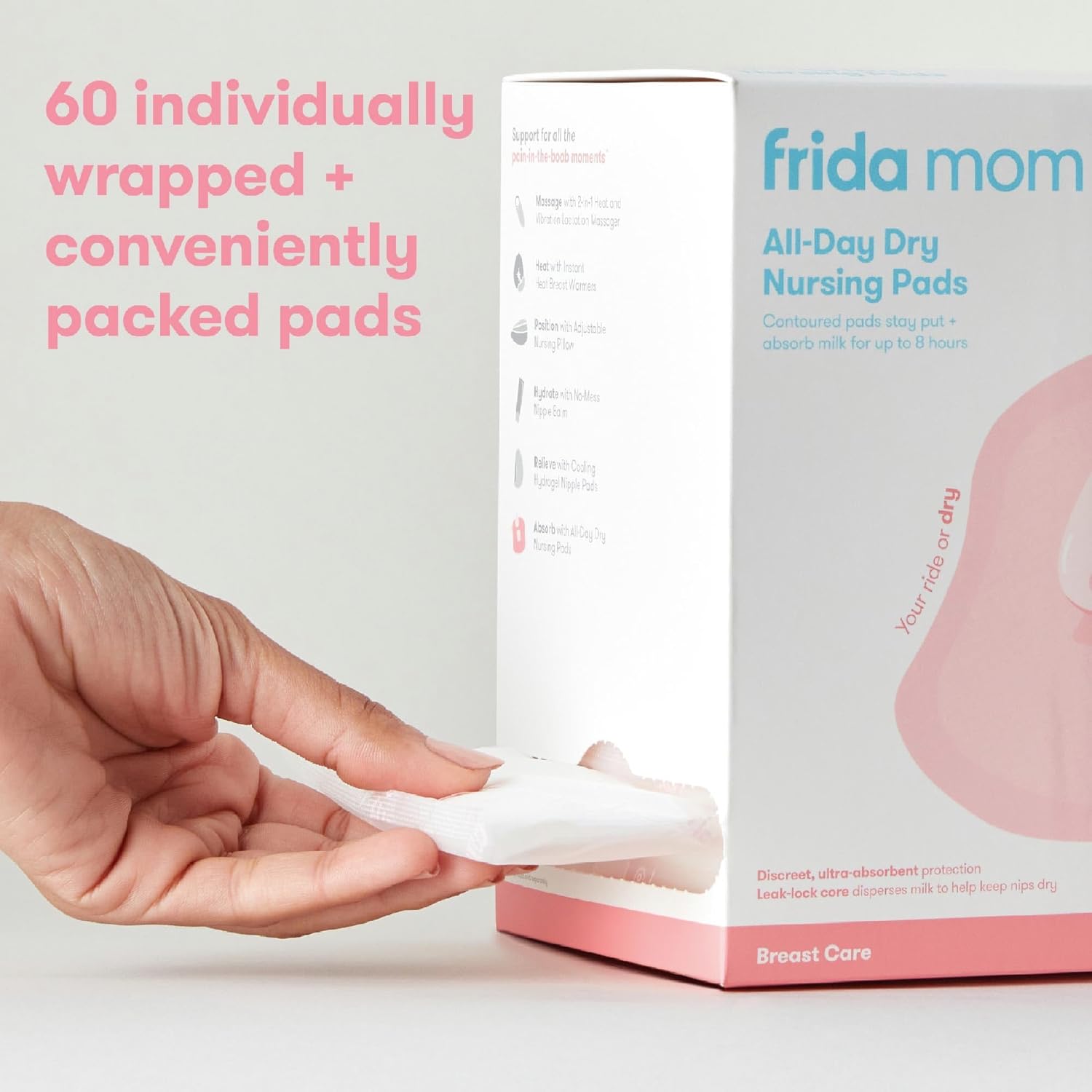 Highlights the convenient packaging of 60 individually wrapped nursing pads, emphasizing ease of use and hygiene for new mothers. Emphasizes the key benefit of all-day dryness, reassuring mothers of…