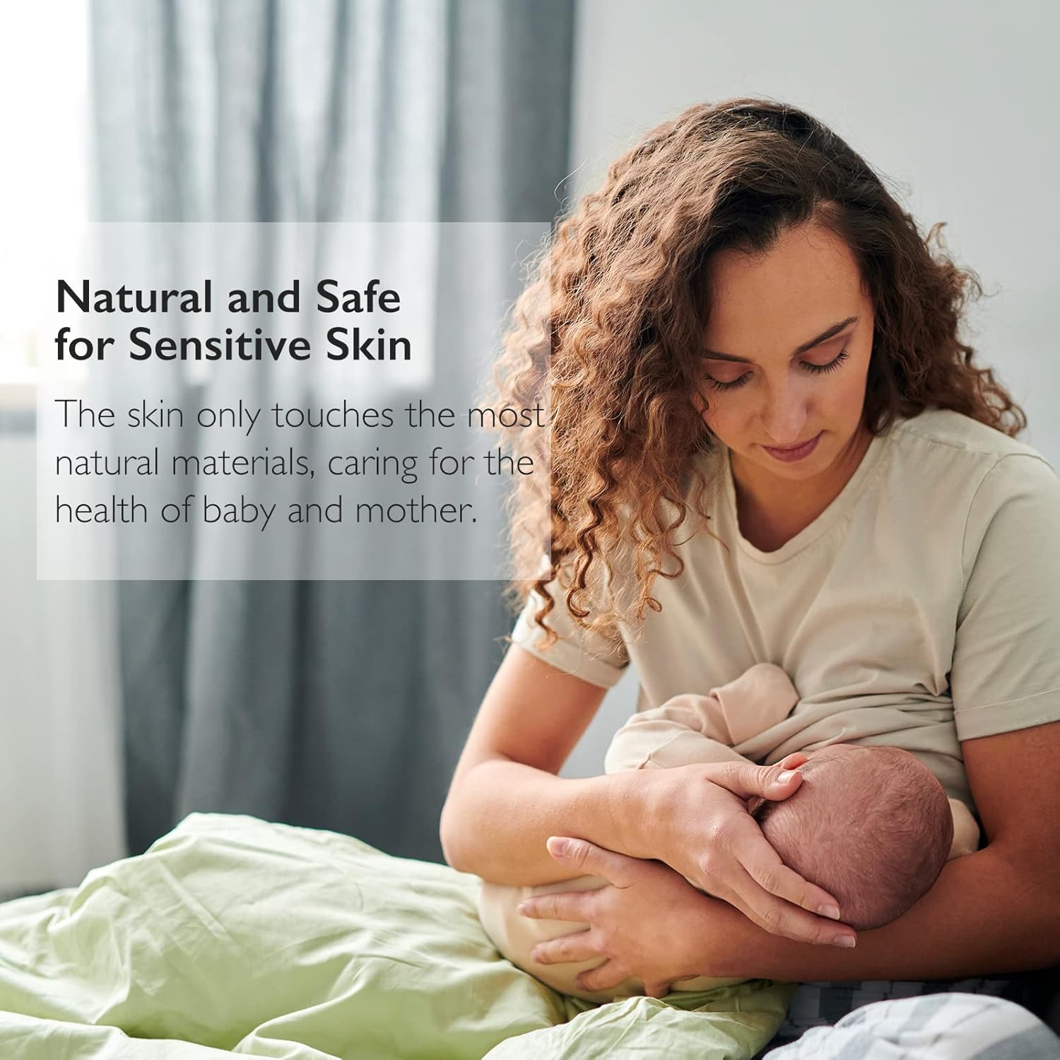 Reassures mothers that the product is safe and gentle for both their own and their baby's sensitive skin. Highlights the product's key benefit of being natural and safe for sensitive skin, appealing…
