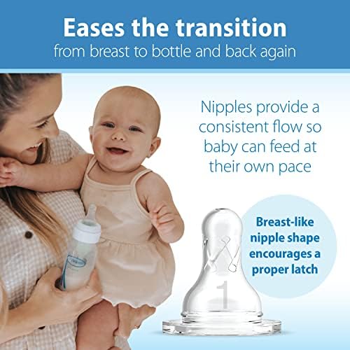 Highlights how the product eases the transition between breast and bottle feeding by providing a breast-like nipple shape and consistent flow for the baby.