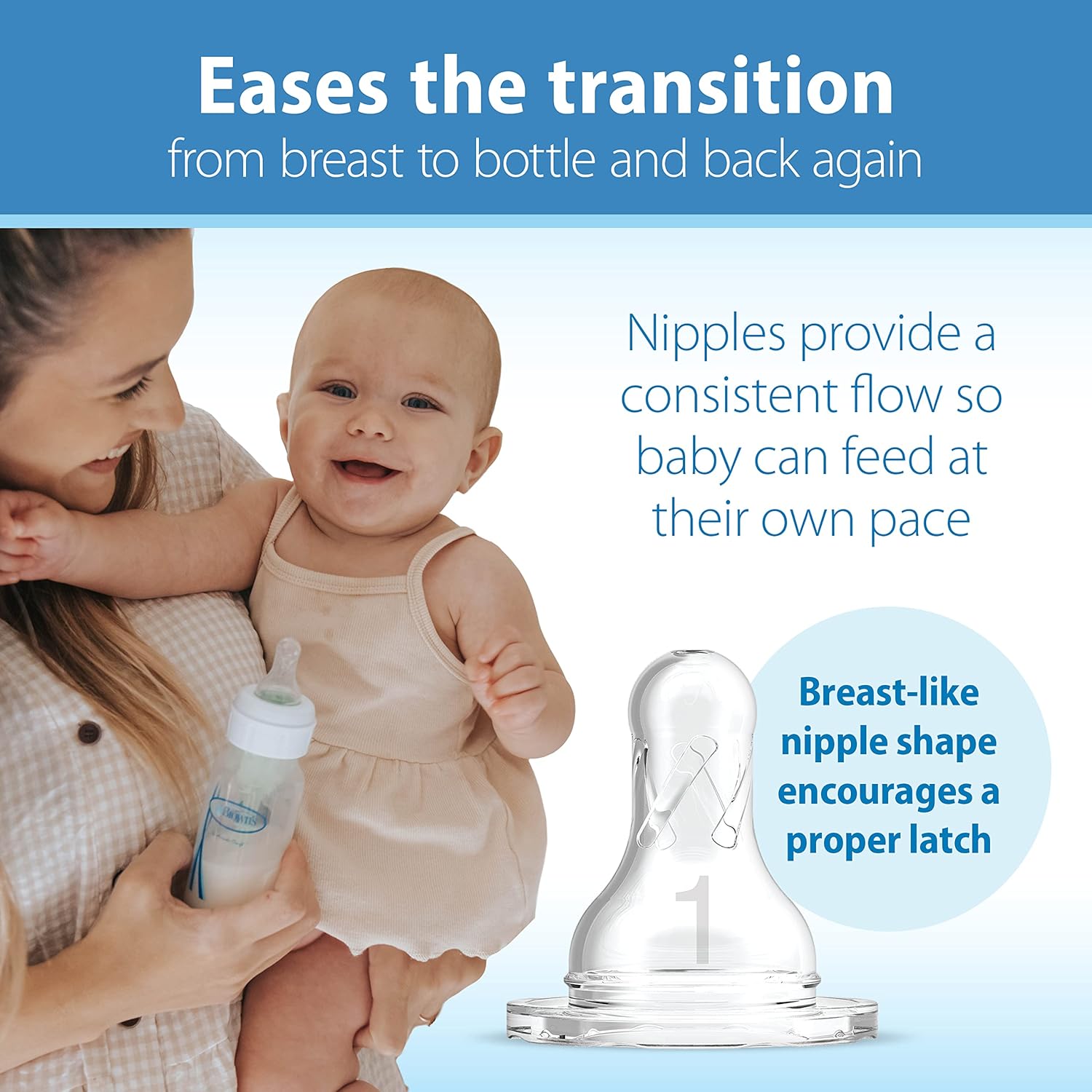 Highlights how the bottle nipple's design eases the transition between breast and bottle feeding for babies.
