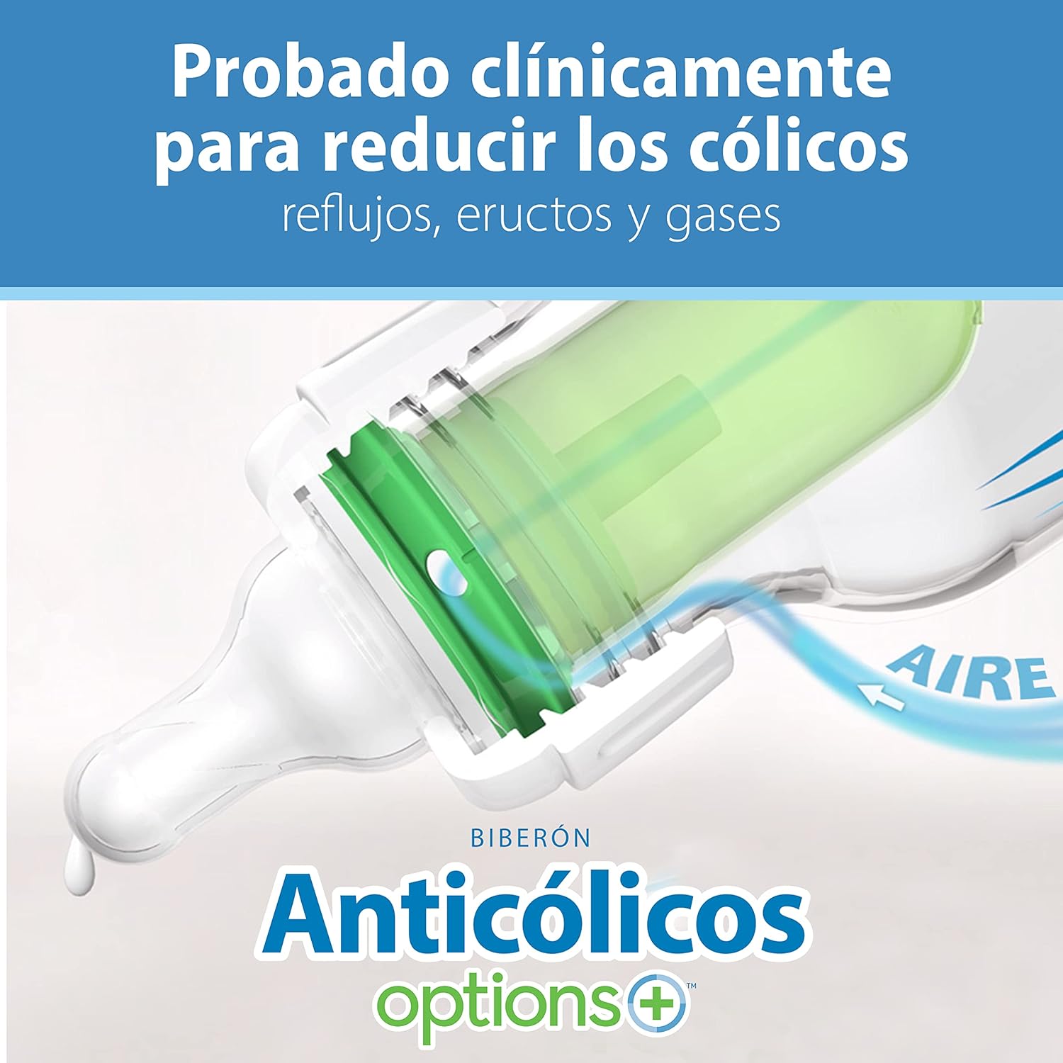 Highlights the bottle's clinically proven ability to reduce colic, reflux, burping and gas in babies.