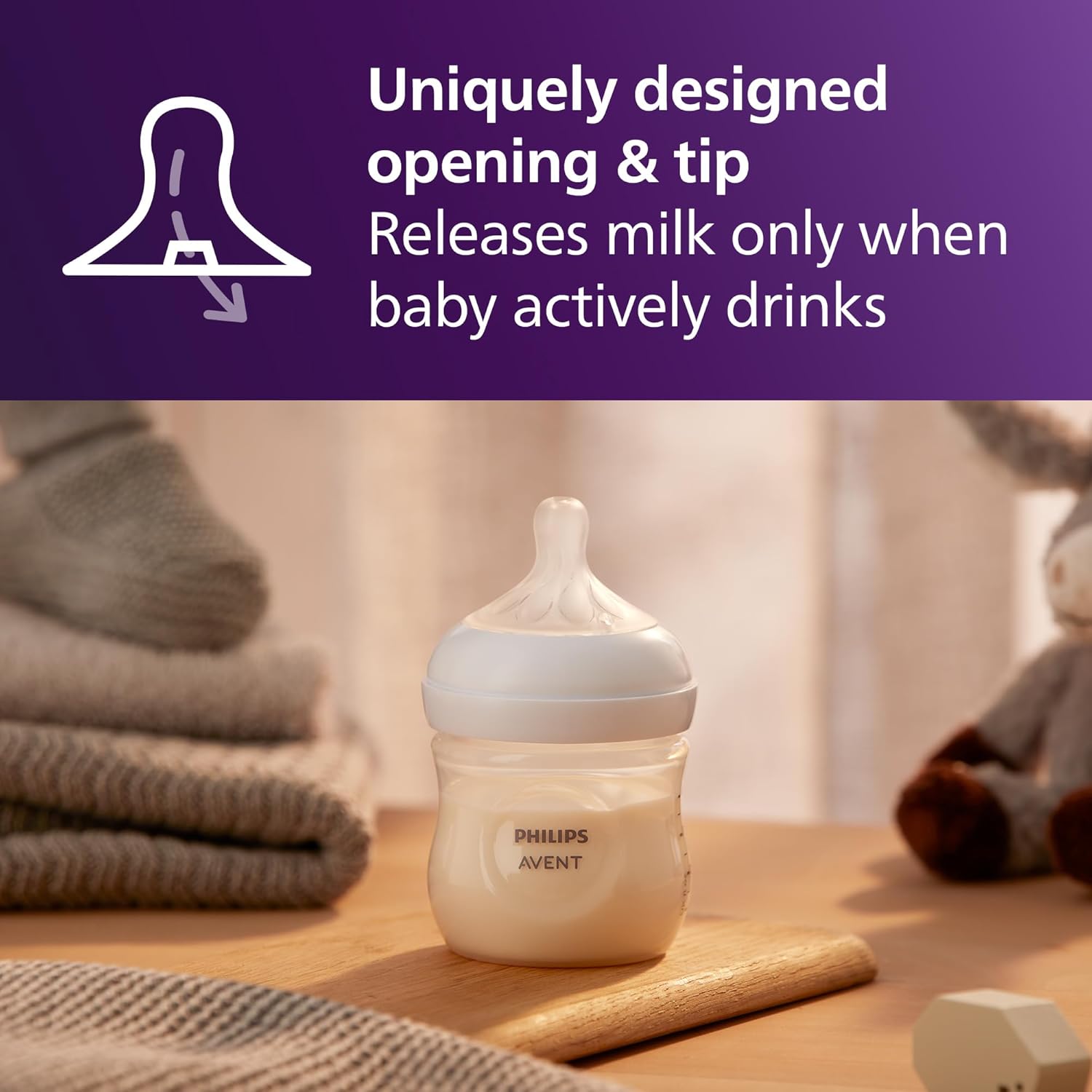 Highlights the bottle's specially designed opening and tip that only releases milk when the baby actively drinks, preventing spills and waste.