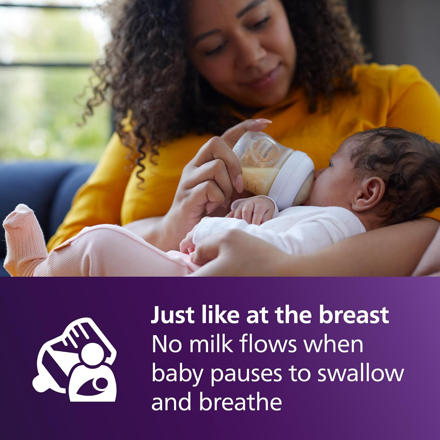 Highlights how the bottle mimics breastfeeding by stopping milk flow when the baby pauses, providing a more natural and comfortable feeding experience.