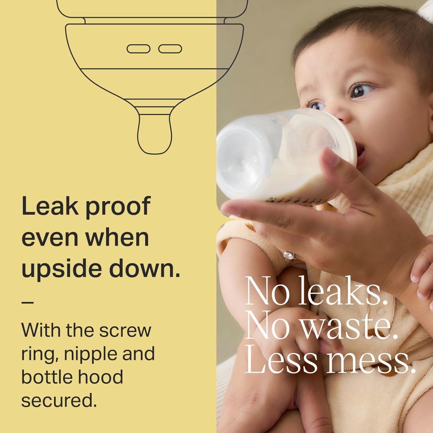 Highlights the bottle's leak-proof feature to reassure parents about mess-free feeding, even when the bottle is upside down.