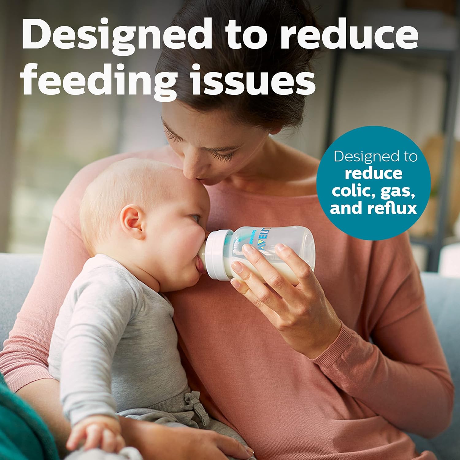 Highlights the product's ability to reduce common feeding problems like colic, gas, and reflux in babies.