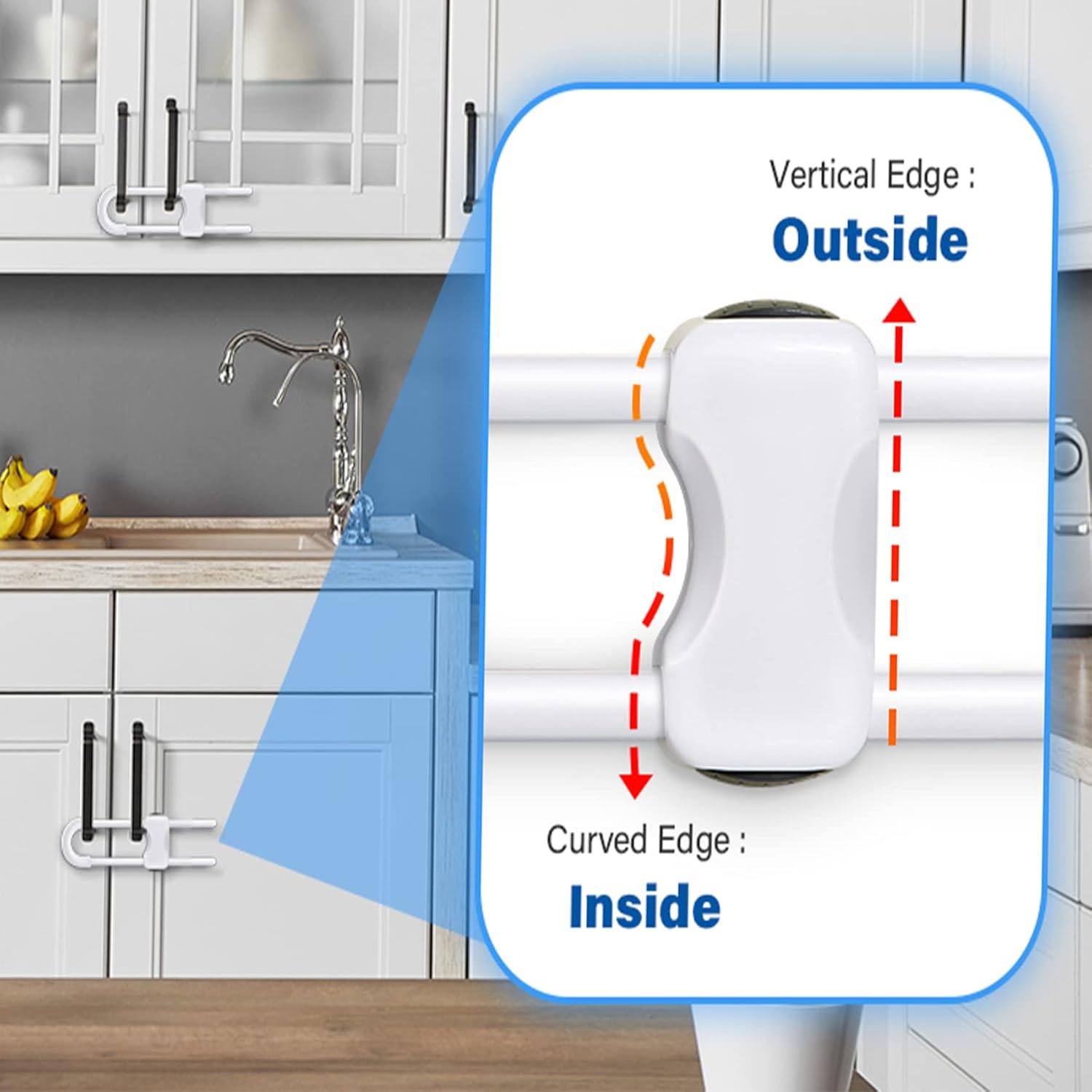 Demonstrates the correct orientation for installing a cabinet lock, showing which edge goes inside vs outside the cabinet.