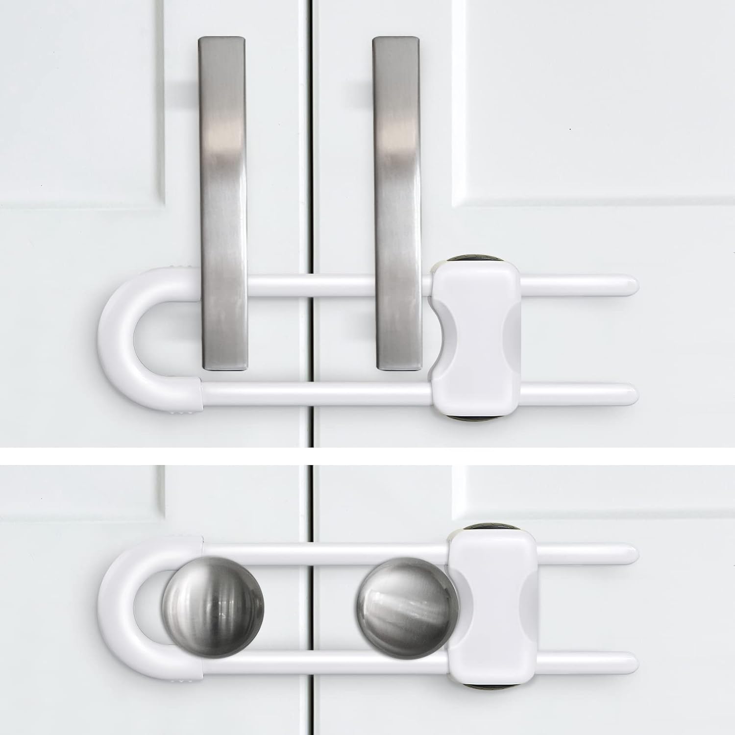 Demonstrates how the product securely locks cabinet doors to prevent children from accessing potentially dangerous items.