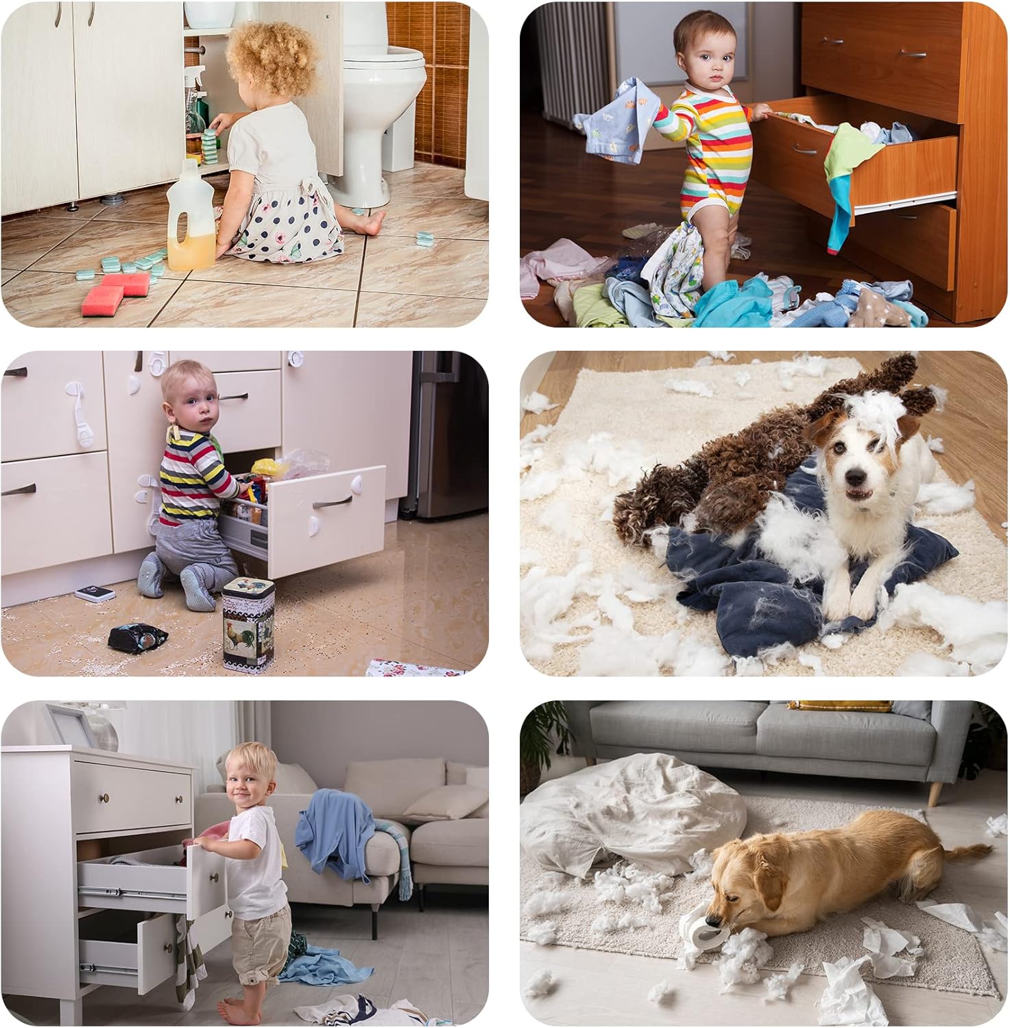 Highlights common household messes and destructive behaviors caused by children and pets, setting up the need for a solution product.