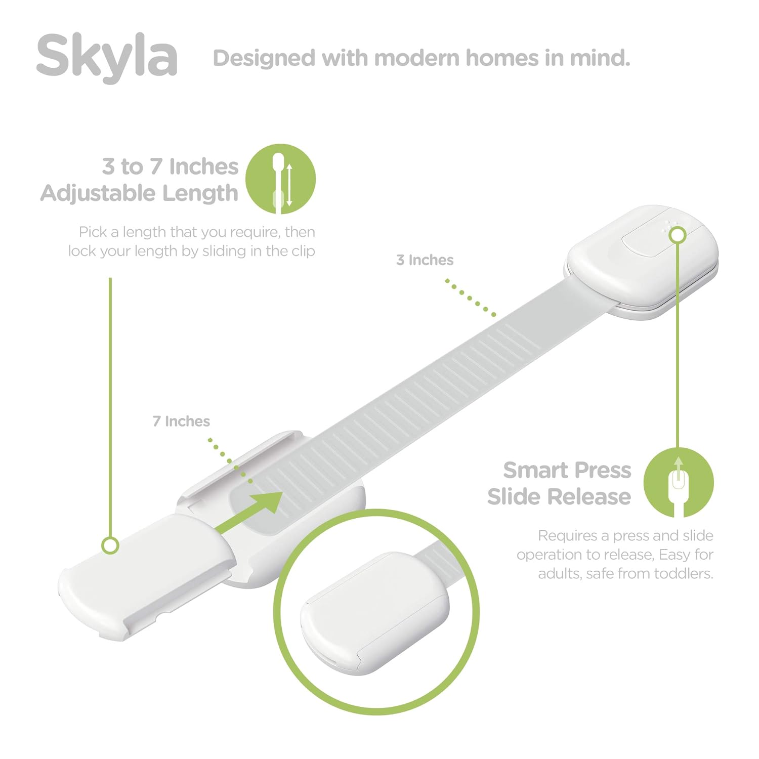 Highlights the product's adjustable length feature and smart press slide release mechanism to show its versatility and safety for modern homes.