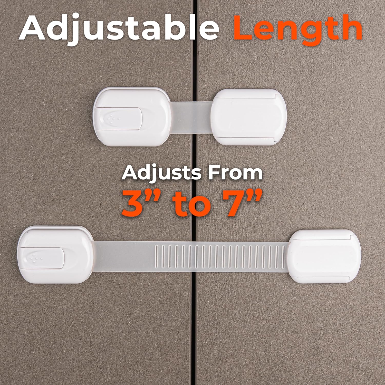 Highlights the product's adjustable length feature, demonstrating its versatility to fit different cabinet sizes.
