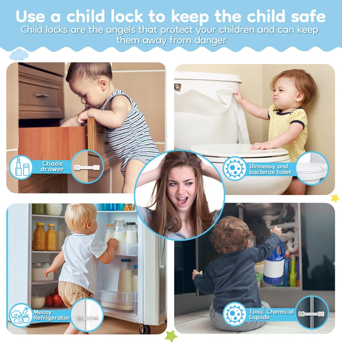 Demonstrates how child locks can prevent accidents and keep children safe from various household hazards. Shows different areas in the home where child locks can be applied to ensure child safety.