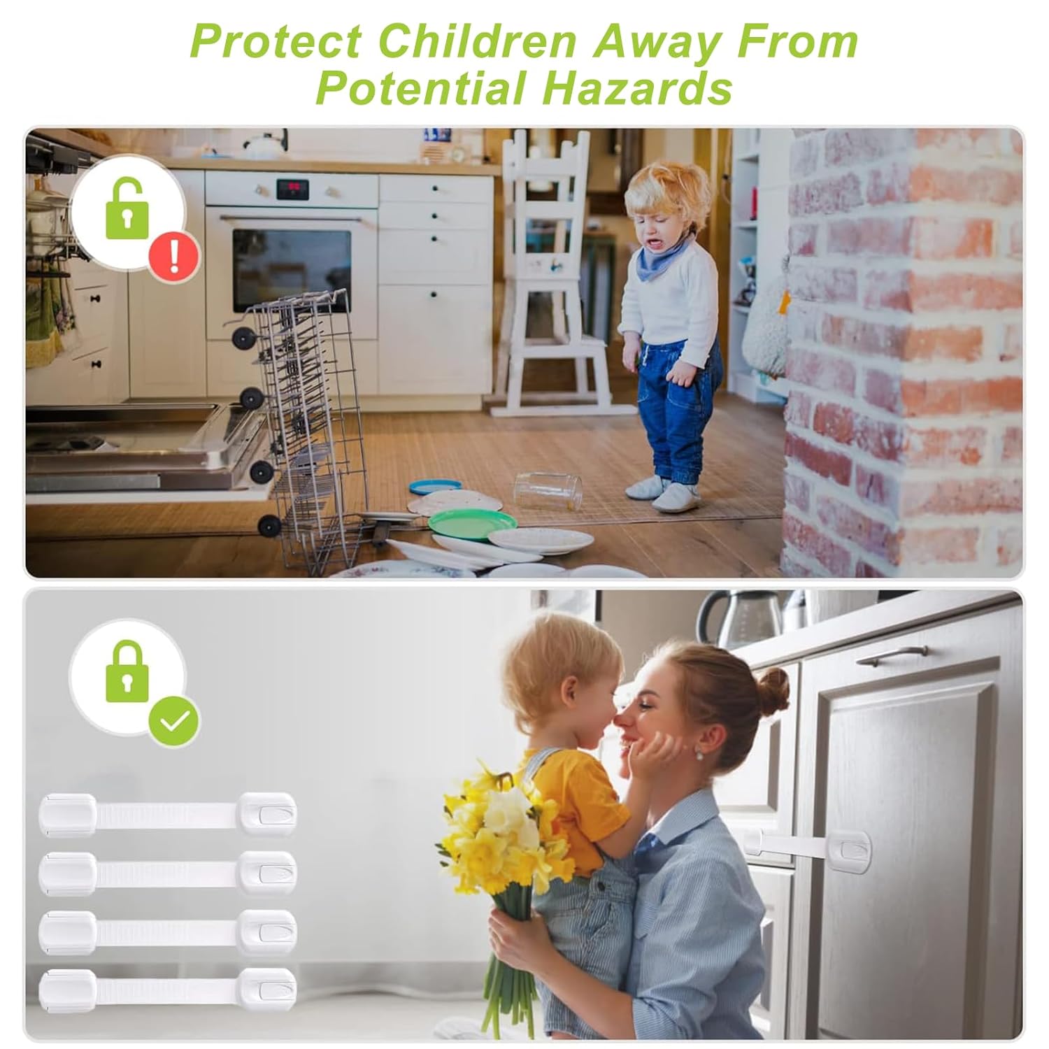 Demonstrates how the product can prevent potential hazards for children in the home by securing cabinets and appliances. Shows different areas in the kitchen where the safety locks can be applied to…