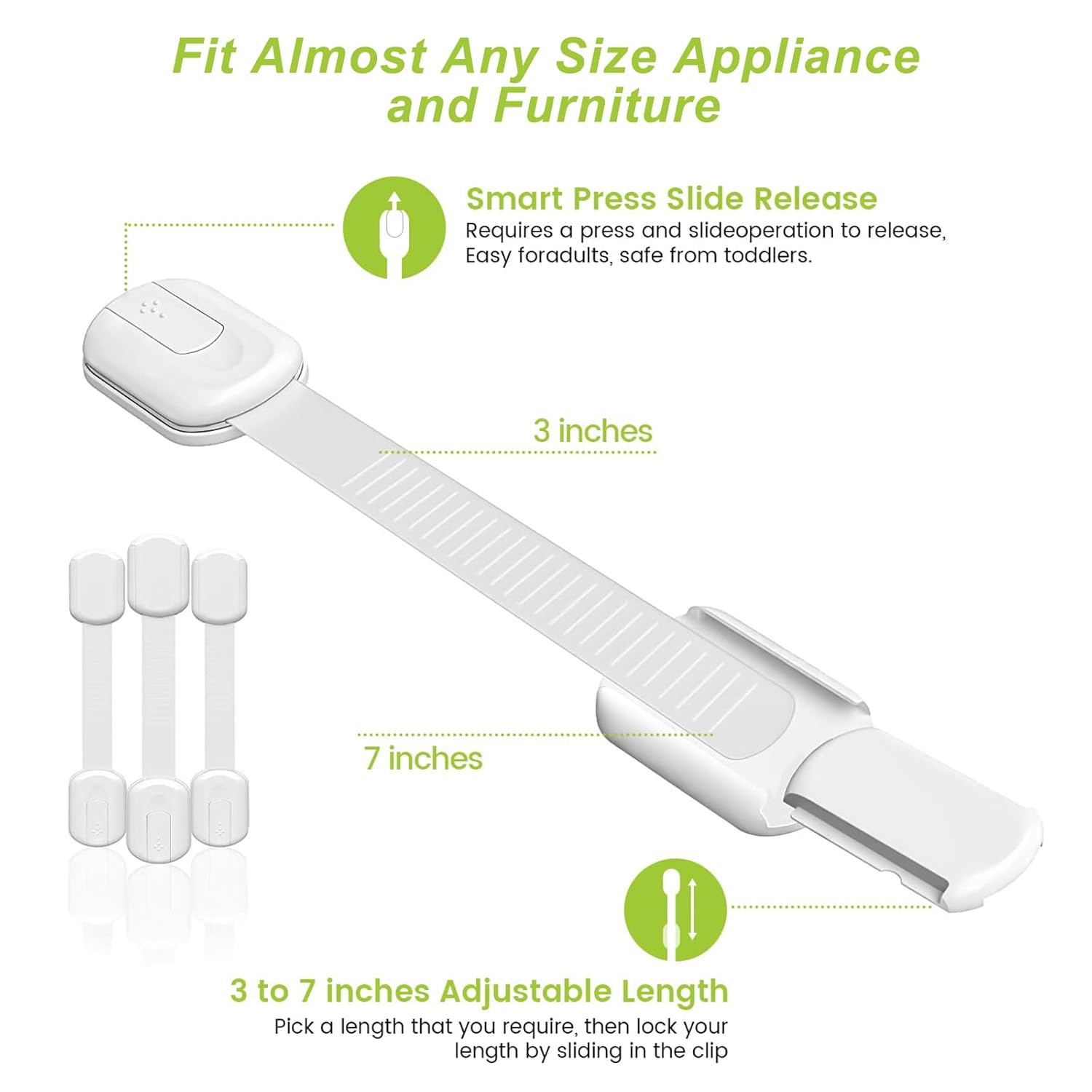 Demonstrates how to install and adjust the safety lock, highlighting its versatility for different appliances and furniture. Emphasizes the product's safety features for childproofing and its…