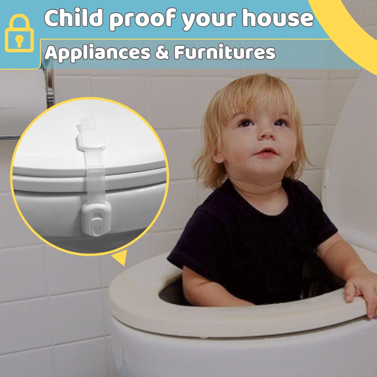 Demonstrates how to childproof a toilet to prevent accidents and ensure child safety in the bathroom.